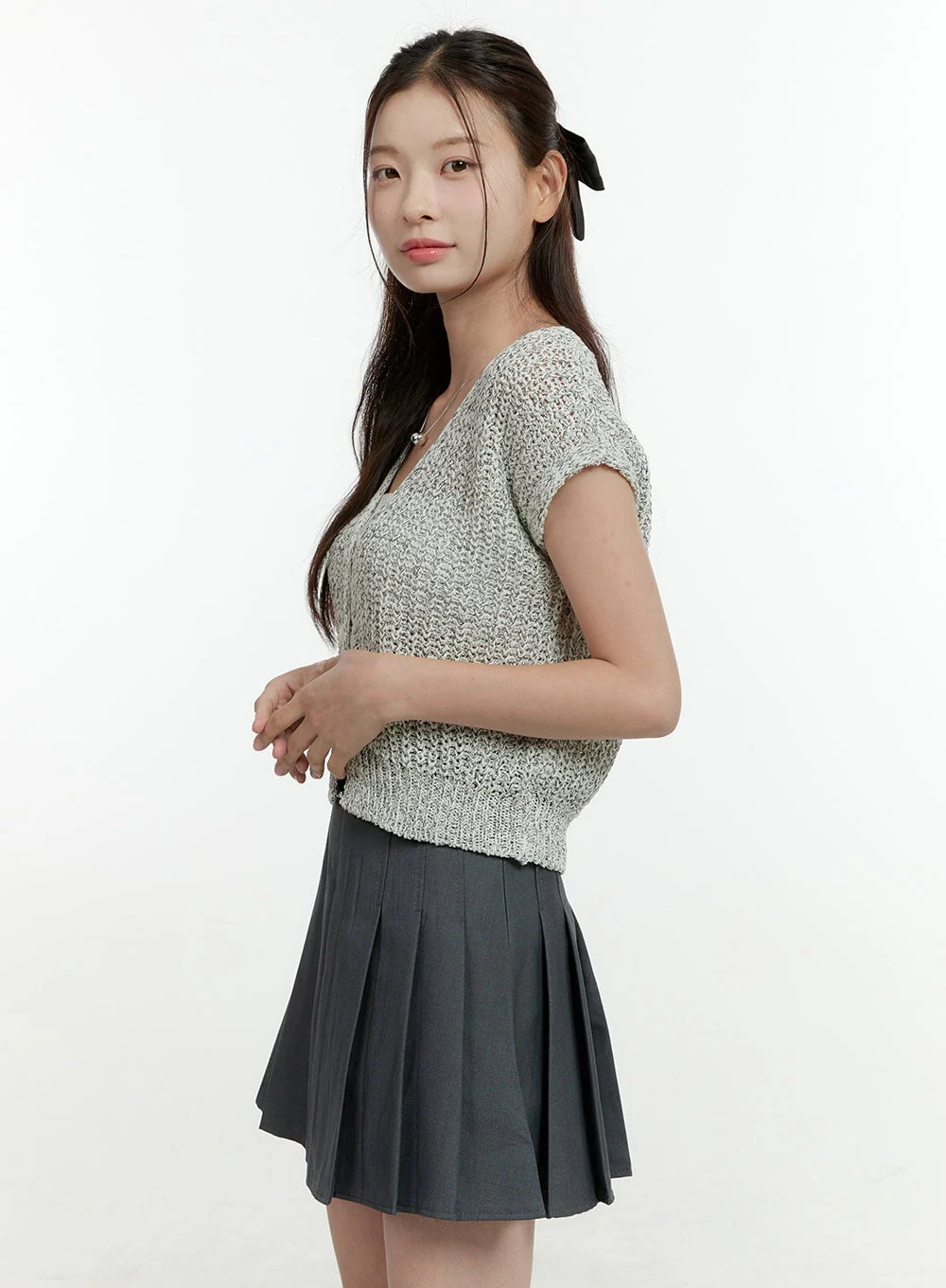 Knitted V-Neck Short Sleeve Cardigan OL430 - Image 5