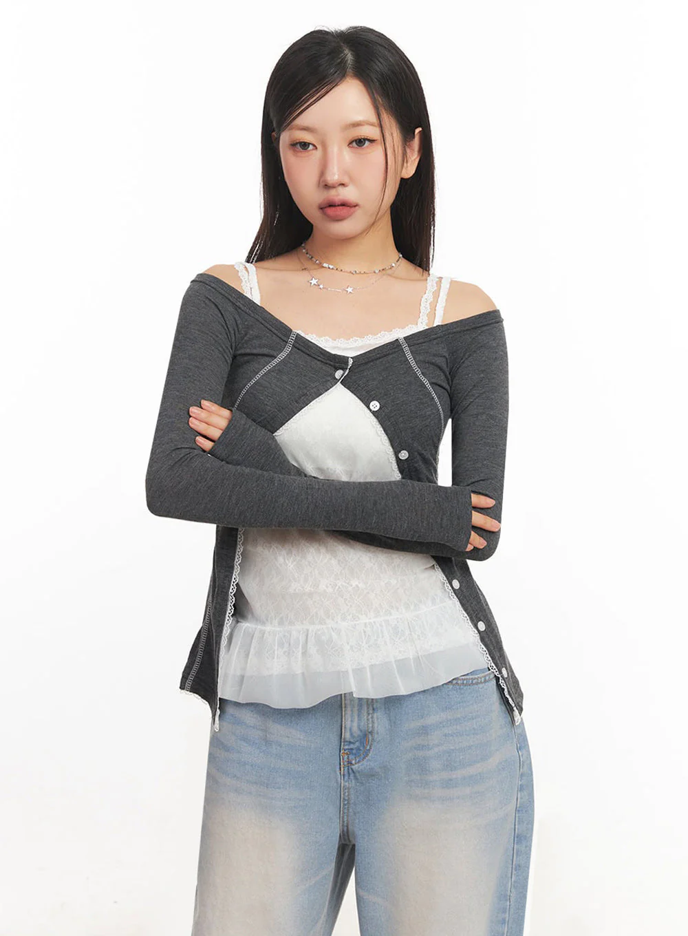 Lace Buttoned Off-Shoulder Cardigan IA524 - Image 2