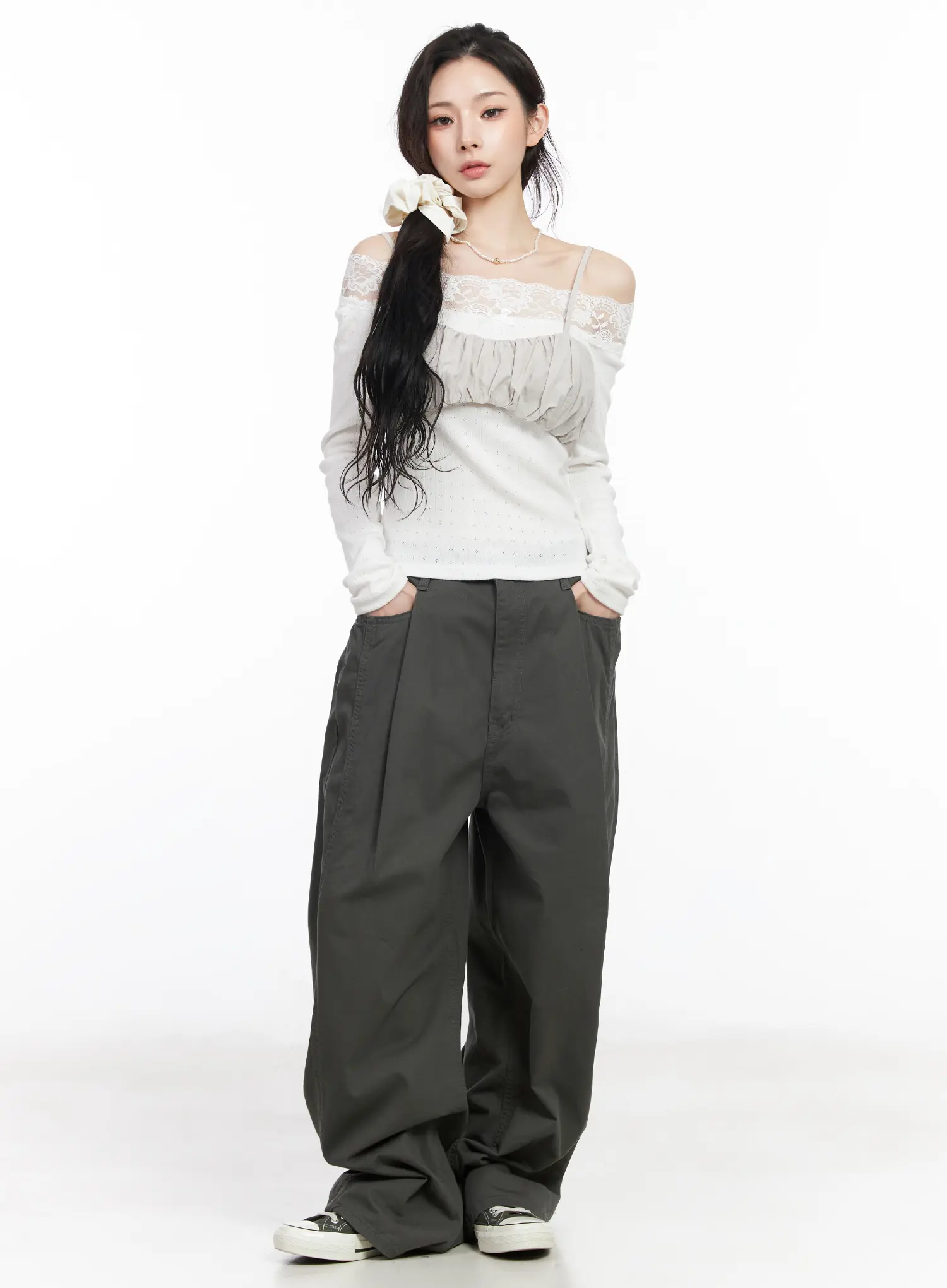 Lace Off-Shoulder Pointelle Long Sleeve Top CM518 - Image 7