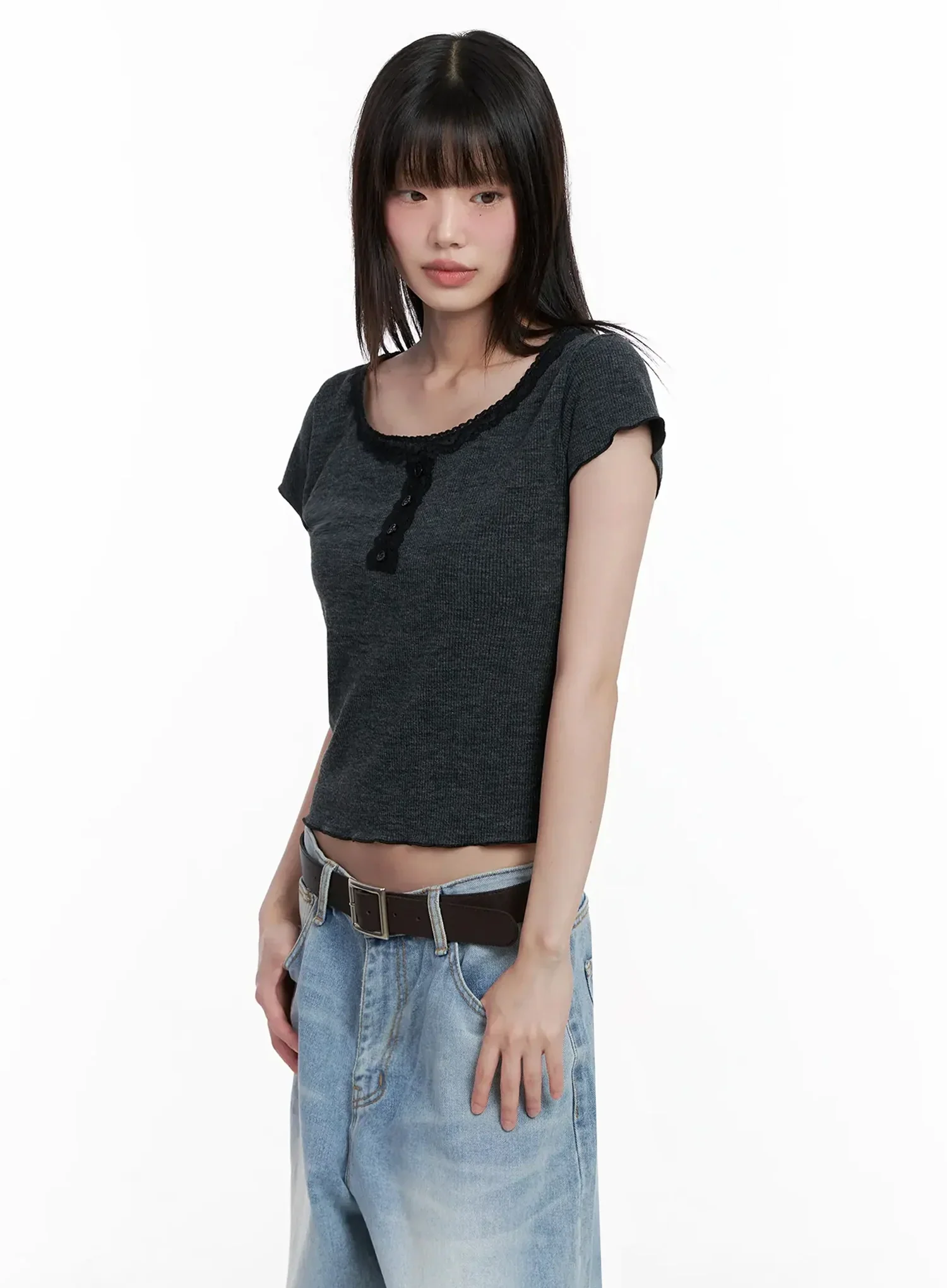 Lace Trimmed Button Short Sleeve IL531 - Image 10
