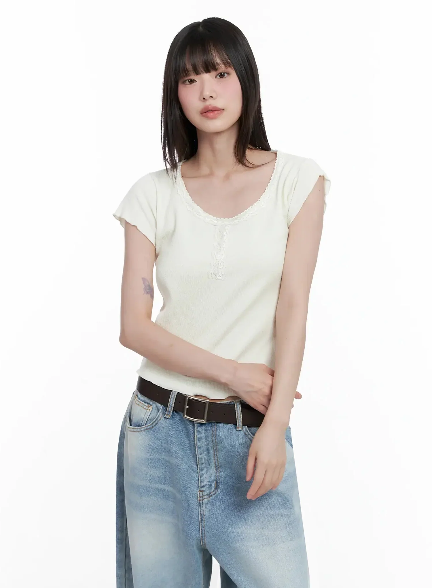 Lace Trimmed Button Short Sleeve IL531 - Image 15