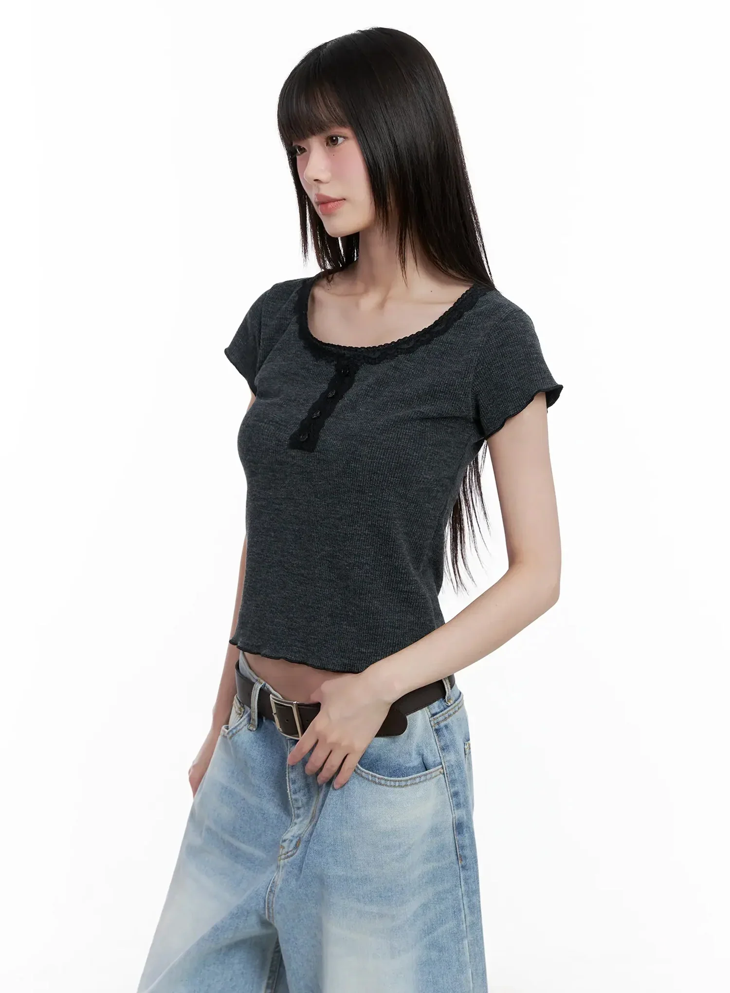 Lace Trimmed Button Short Sleeve IL531 - Image 16
