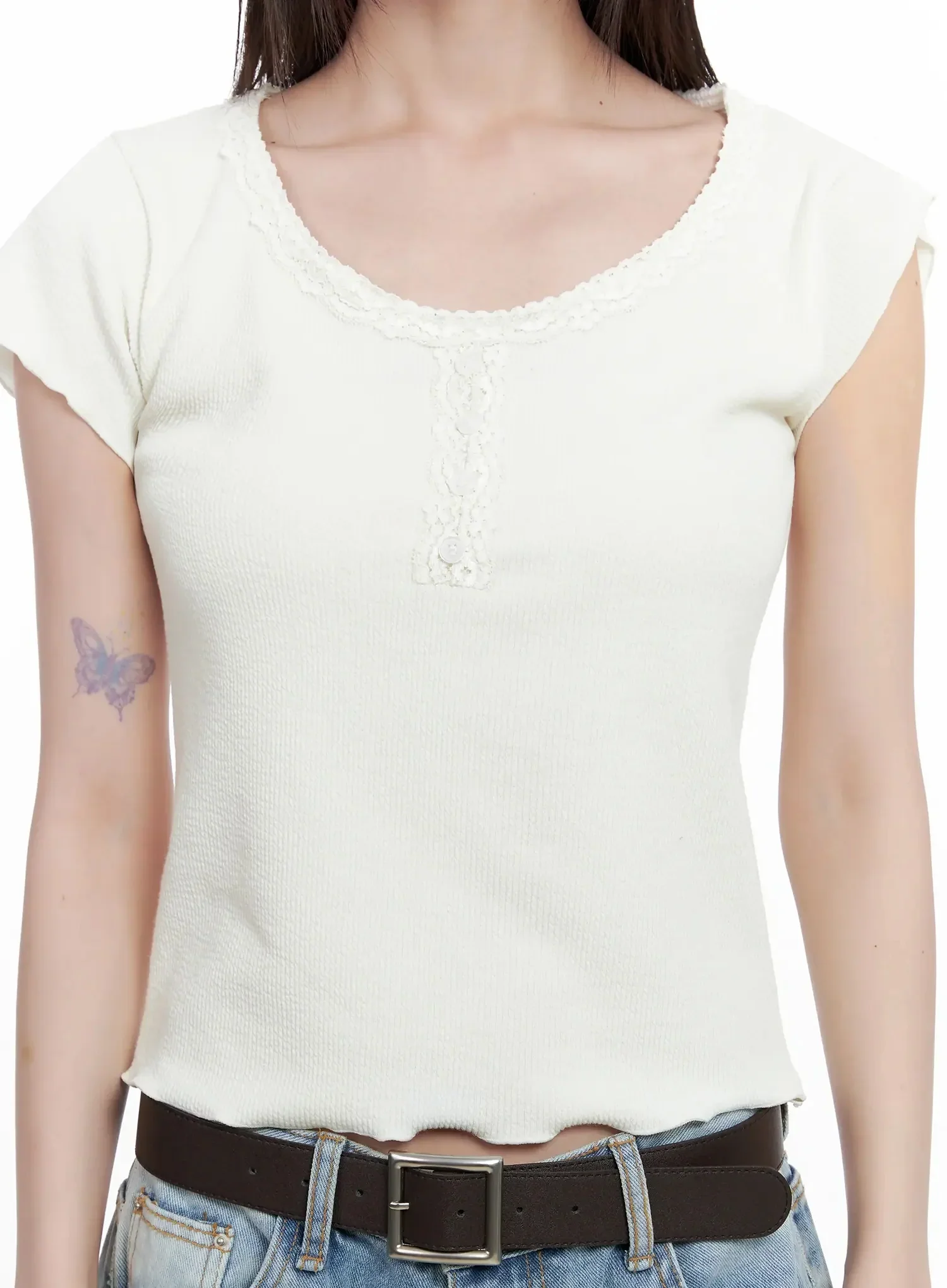 Lace Trimmed Button Short Sleeve IL531 - Image 3