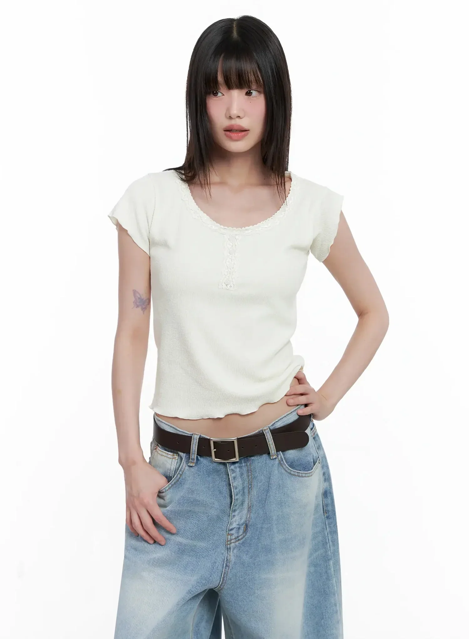 Lace Trimmed Button Short Sleeve IL531 - Image 7