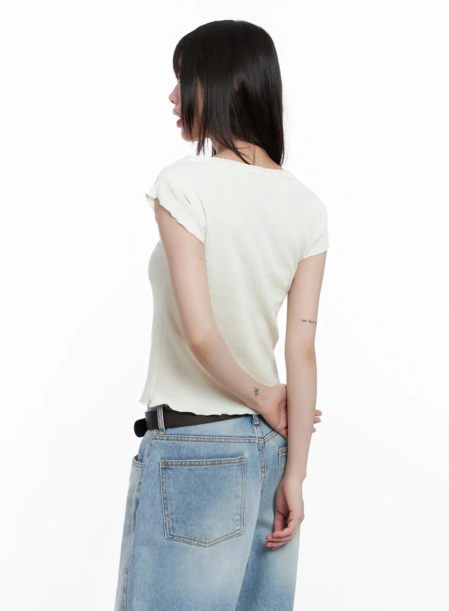 Lace Trimmed Button Short Sleeve IL531 - Image 9