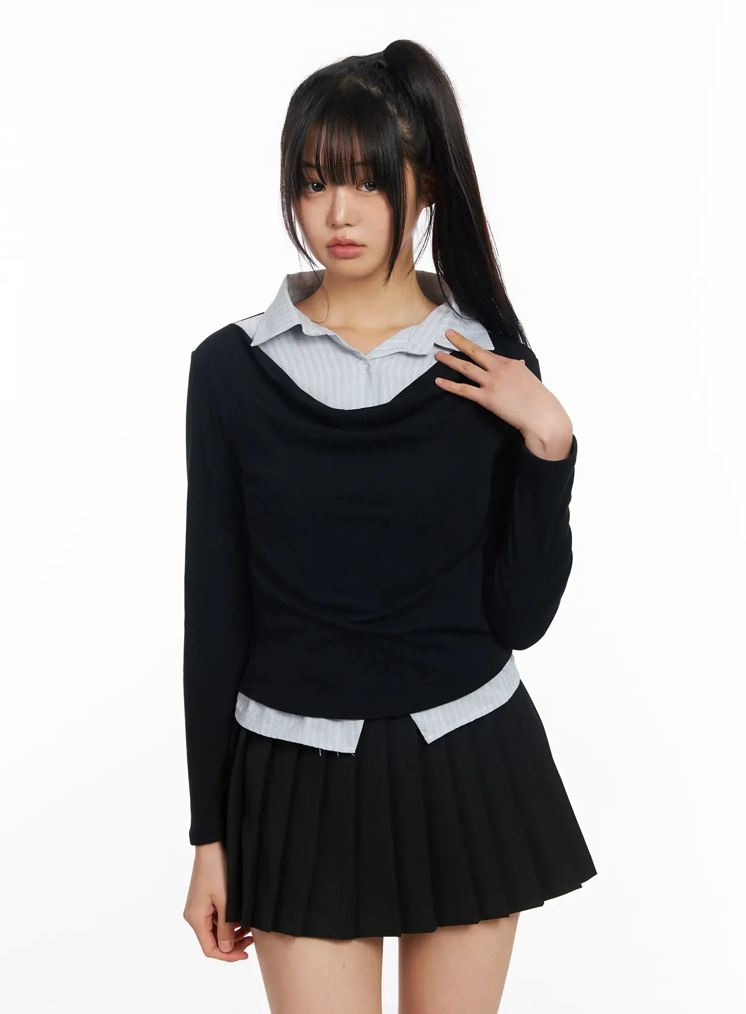 Layered Button Up Cowl Neck Long Sleeve Top CF504 - Image 2
