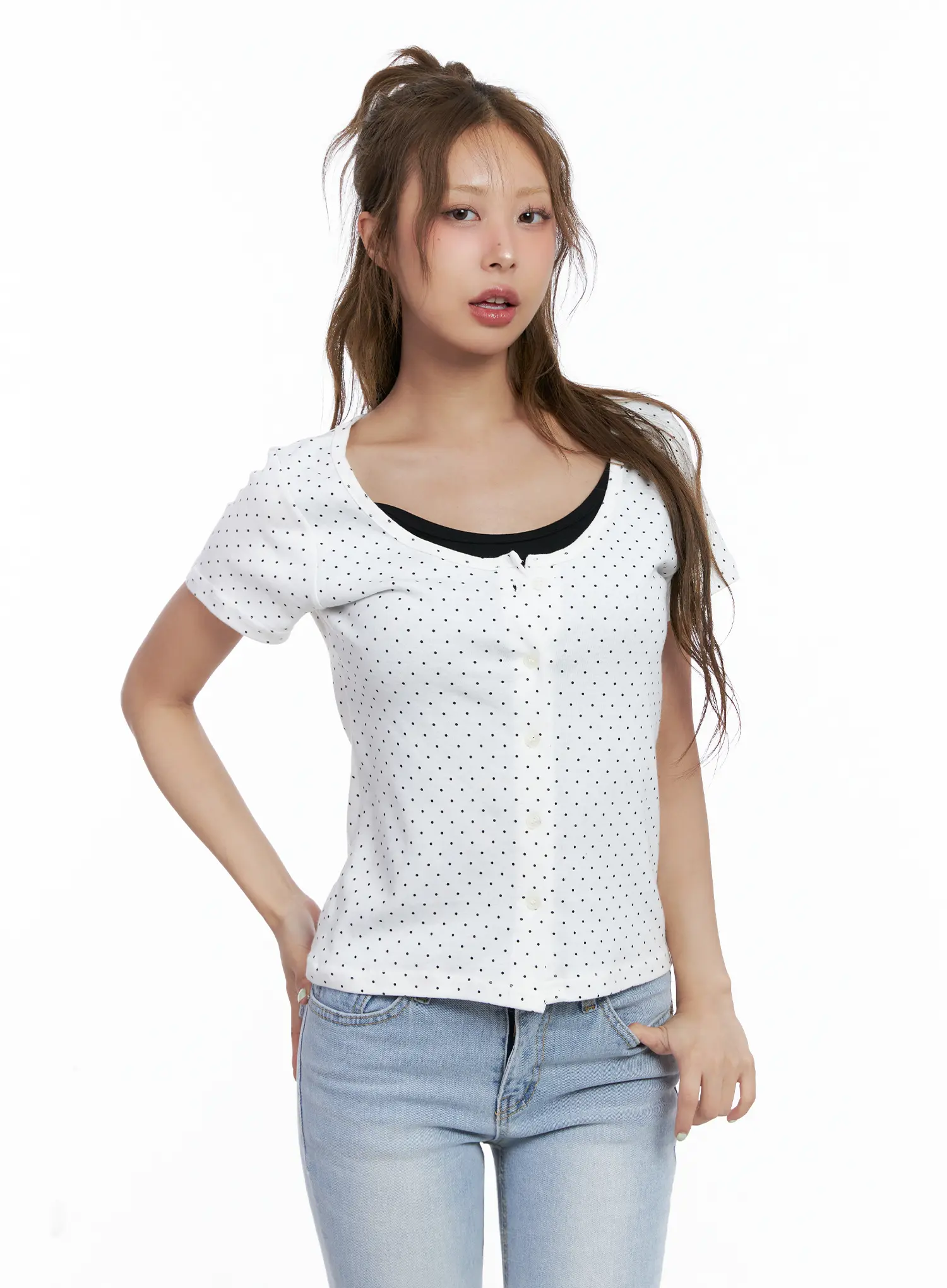 Layered Polka Dot Button Tee CL510 - Image 9