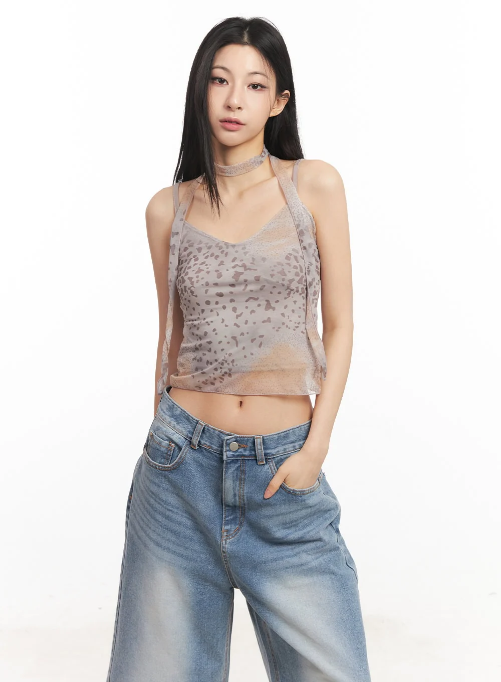 Leopard Mesh Crop Cami Top with Scarf CA516 - Image 10