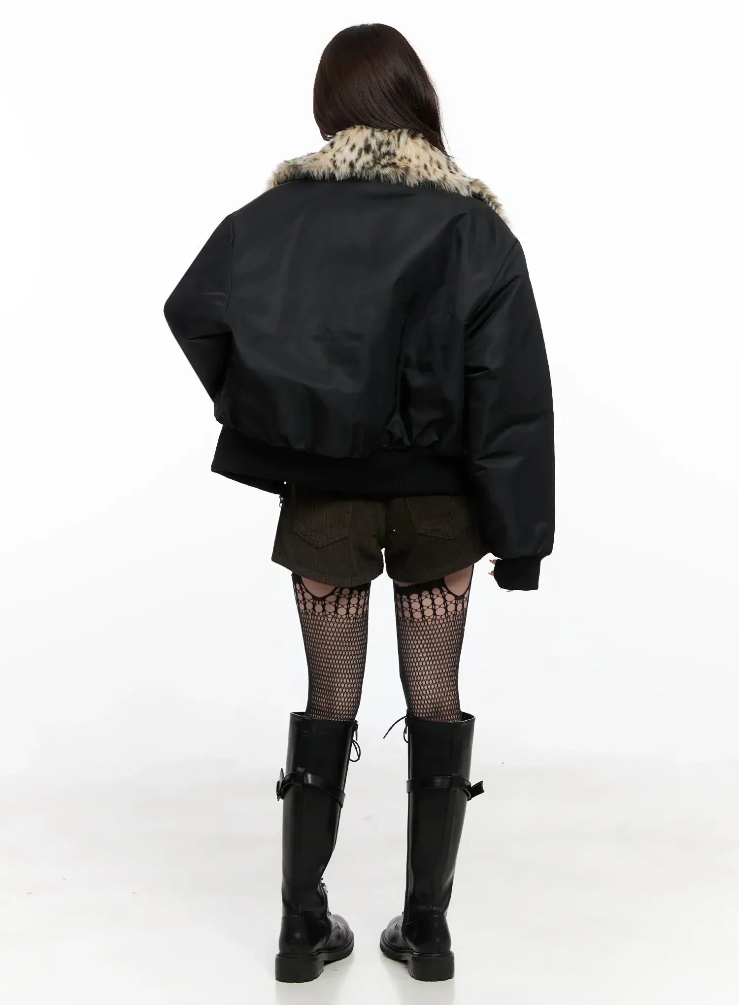 Leopard Print Fur Collar Bomber Jacket IN525 - Image 10