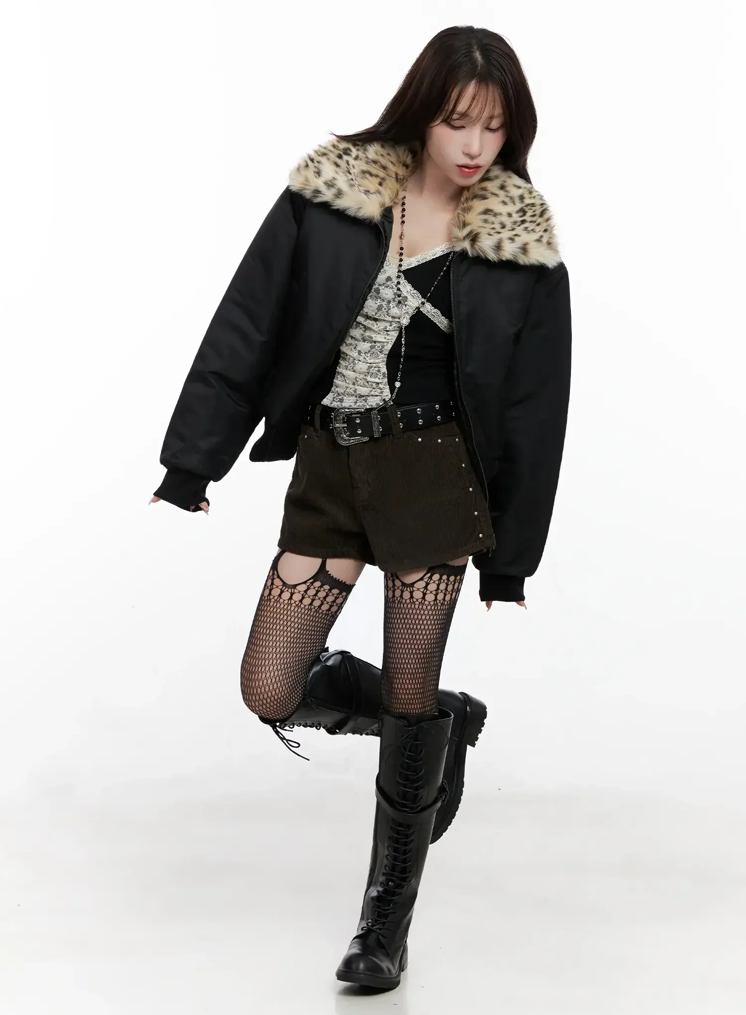 Leopard Print Fur Collar Bomber Jacket IN525 - Image 3