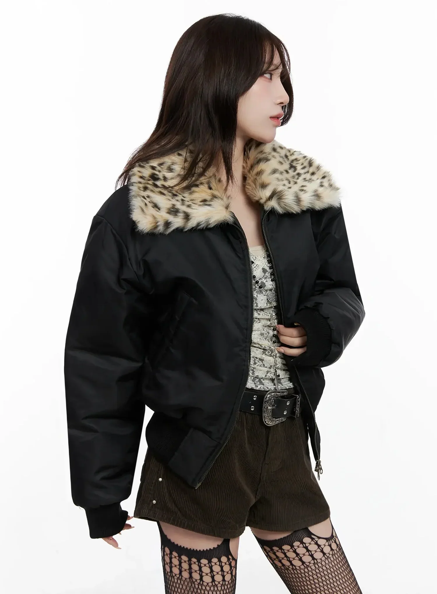Leopard Print Fur Collar Bomber Jacket IN525 - Image 7