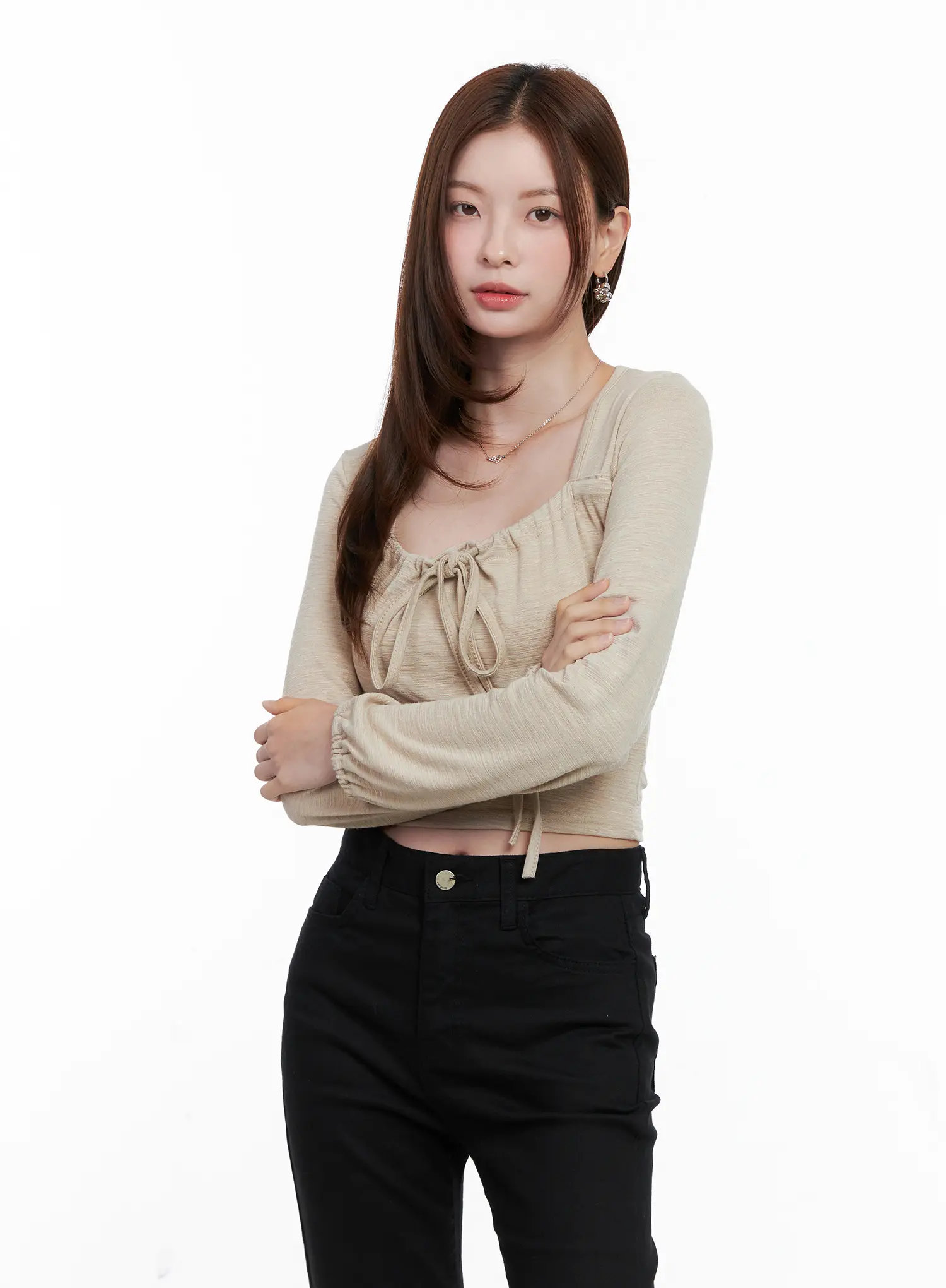 Long Sleeve Shirred Ribbon Crop Top CG521 - Image 5