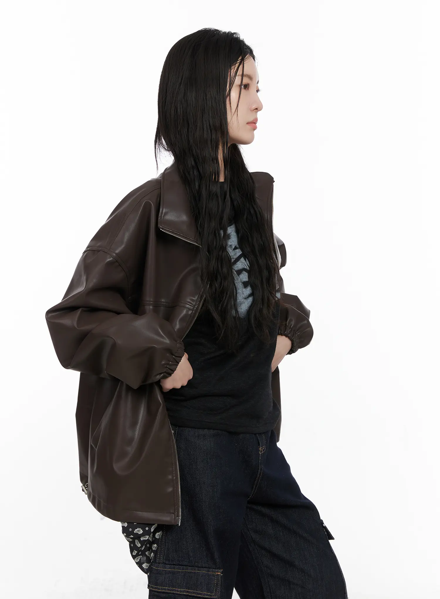 Loose Fit Balloon Faux Leather Jacket CN512 - Image 5