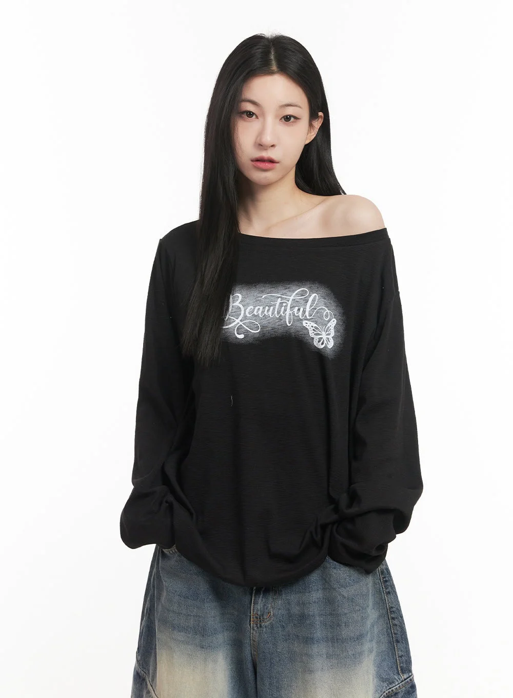Loose-Fit Graphic One-Shoulder Top CF514 - Image 9