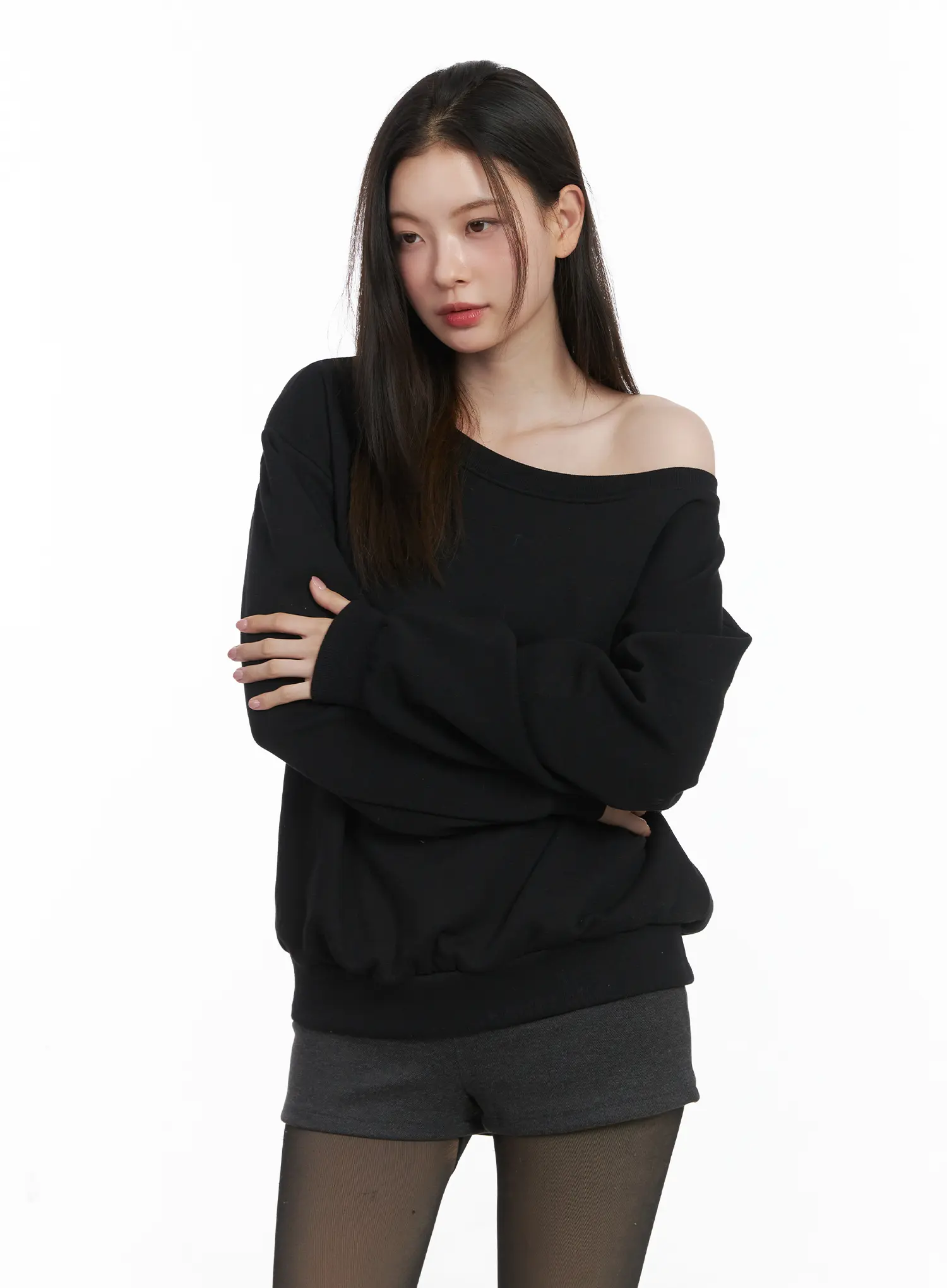 Loose-Fit Off-Shoulder Fleece Lined Sweatshirt CJ507 - Image 11