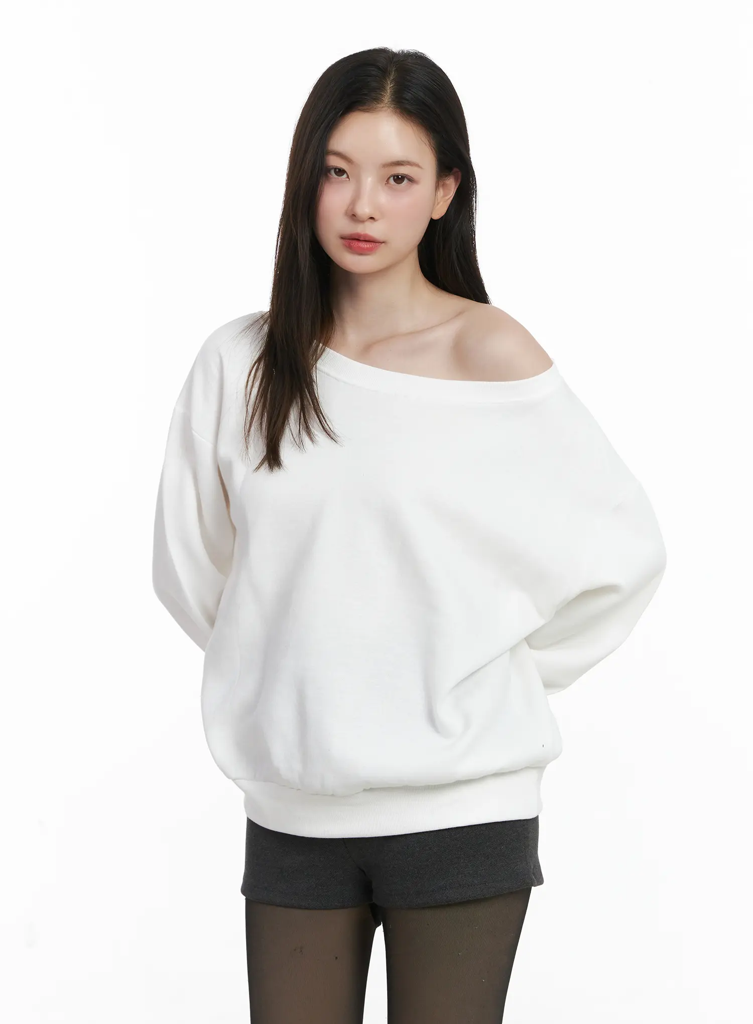 Loose-Fit Off-Shoulder Fleece Lined Sweatshirt CJ507 - Image 2