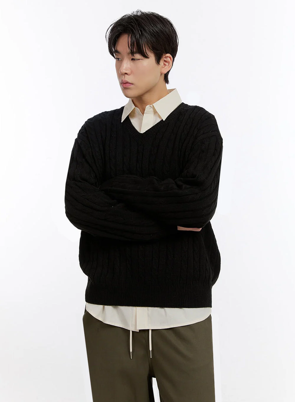 Men's Cable-Knit V-Neck Sweater IF528 - Image 5