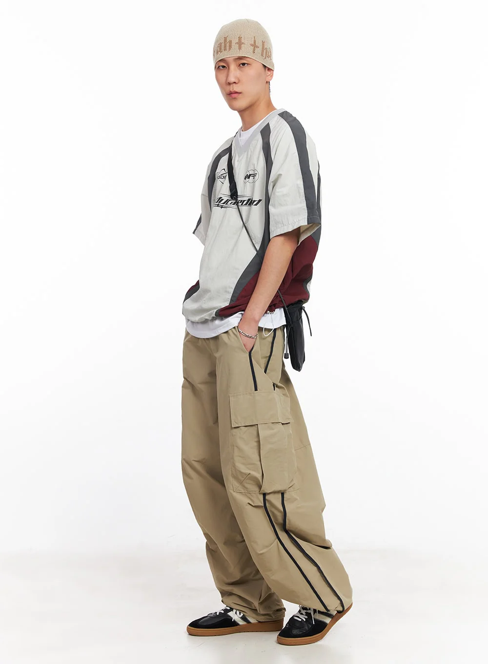 Men's Cargo Balloon-Fit Windbreaker Pants (Beige) IU512 - Image 10