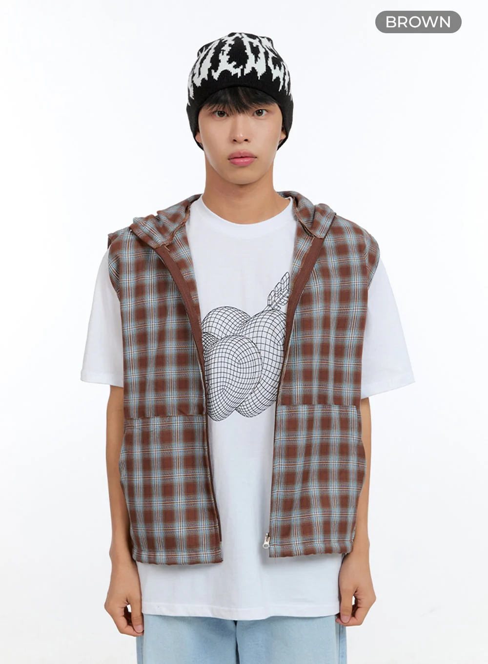 Men's Checkered Zip-Up Hooded Vest IG416 - Image 10