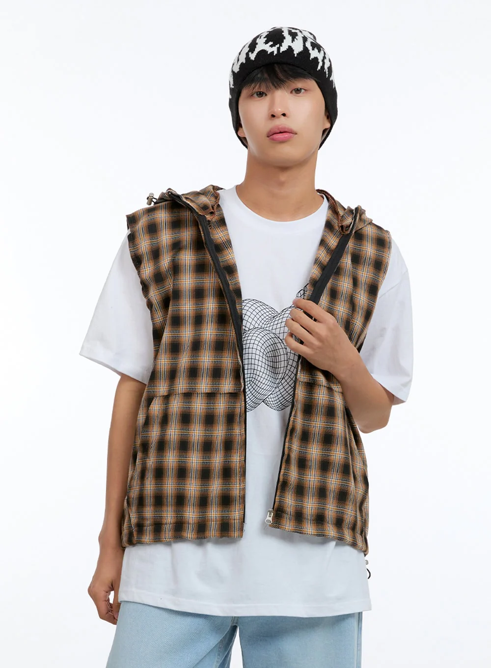 Men's Checkered Zip-Up Hooded Vest IG416 - Image 3