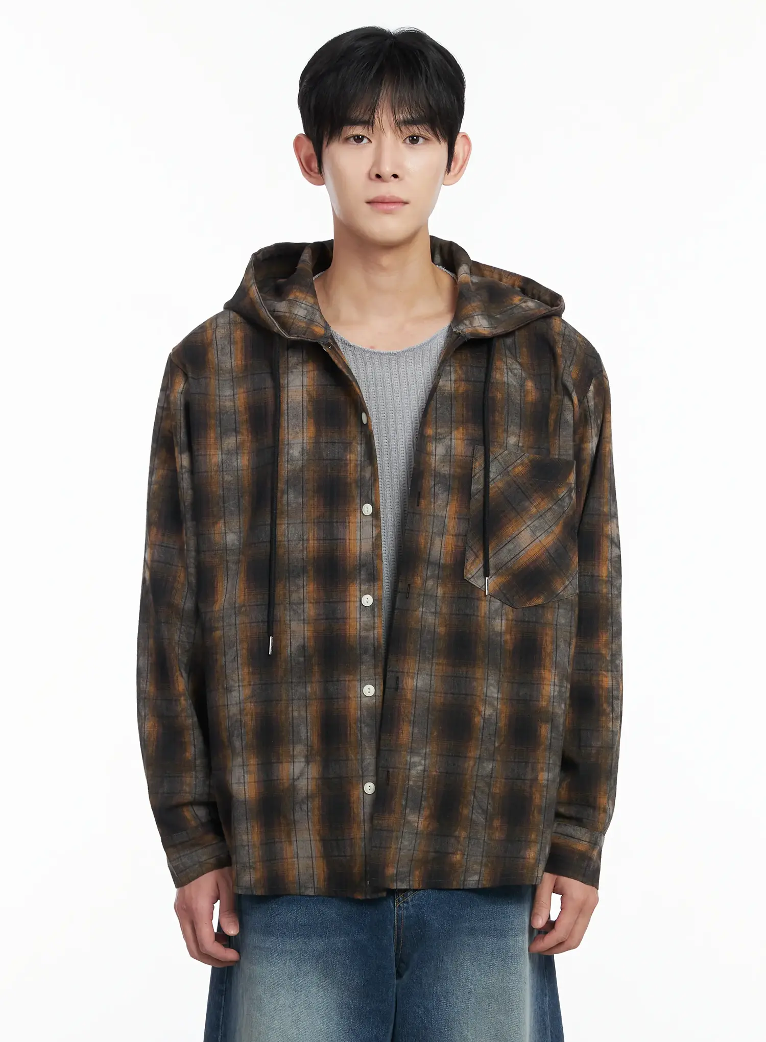 Men's Dark Wash Plaid Hooded Flannel IF516 - Image 10