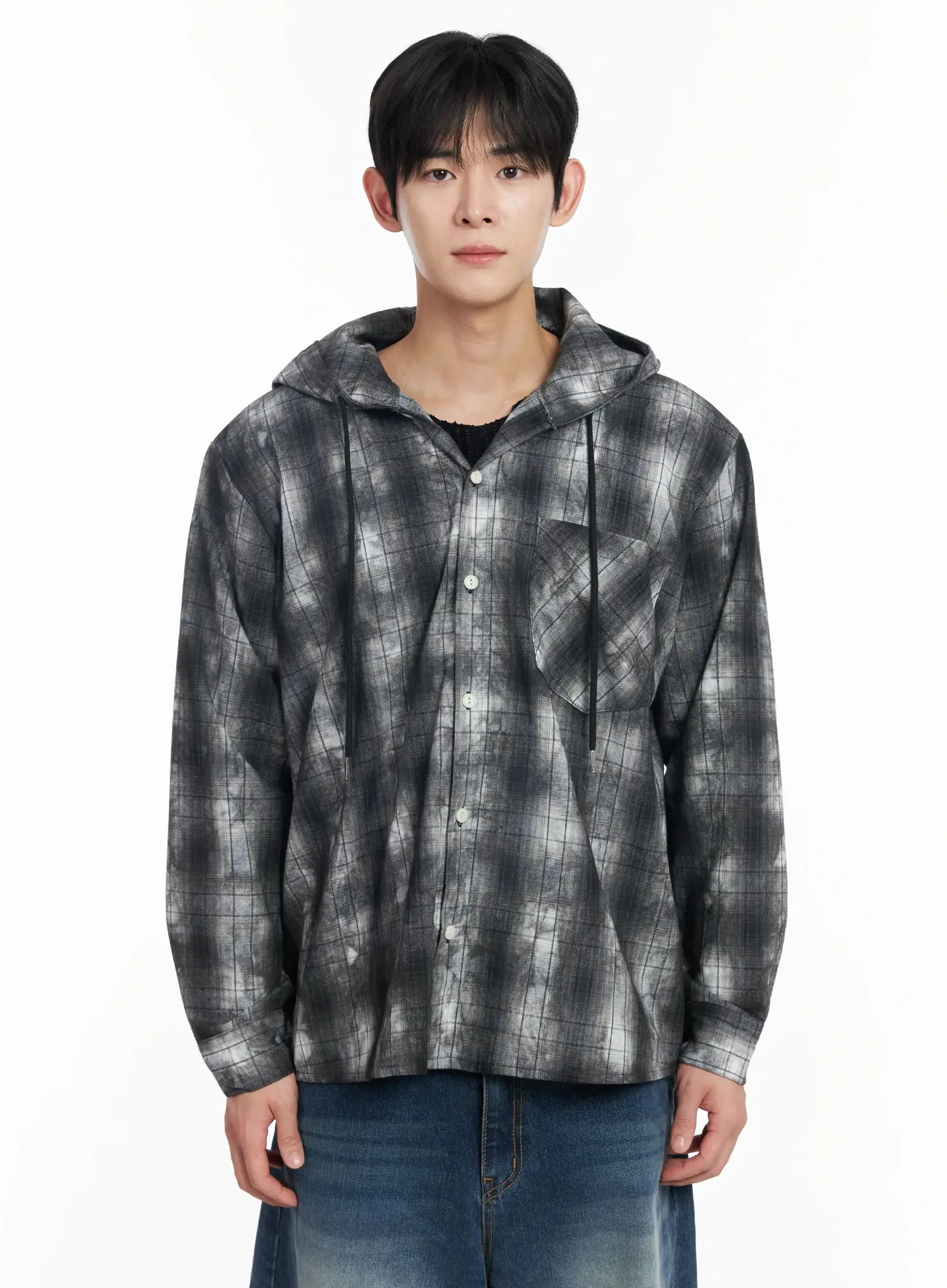 Men's Dark Wash Plaid Hooded Flannel IF516 - Image 11