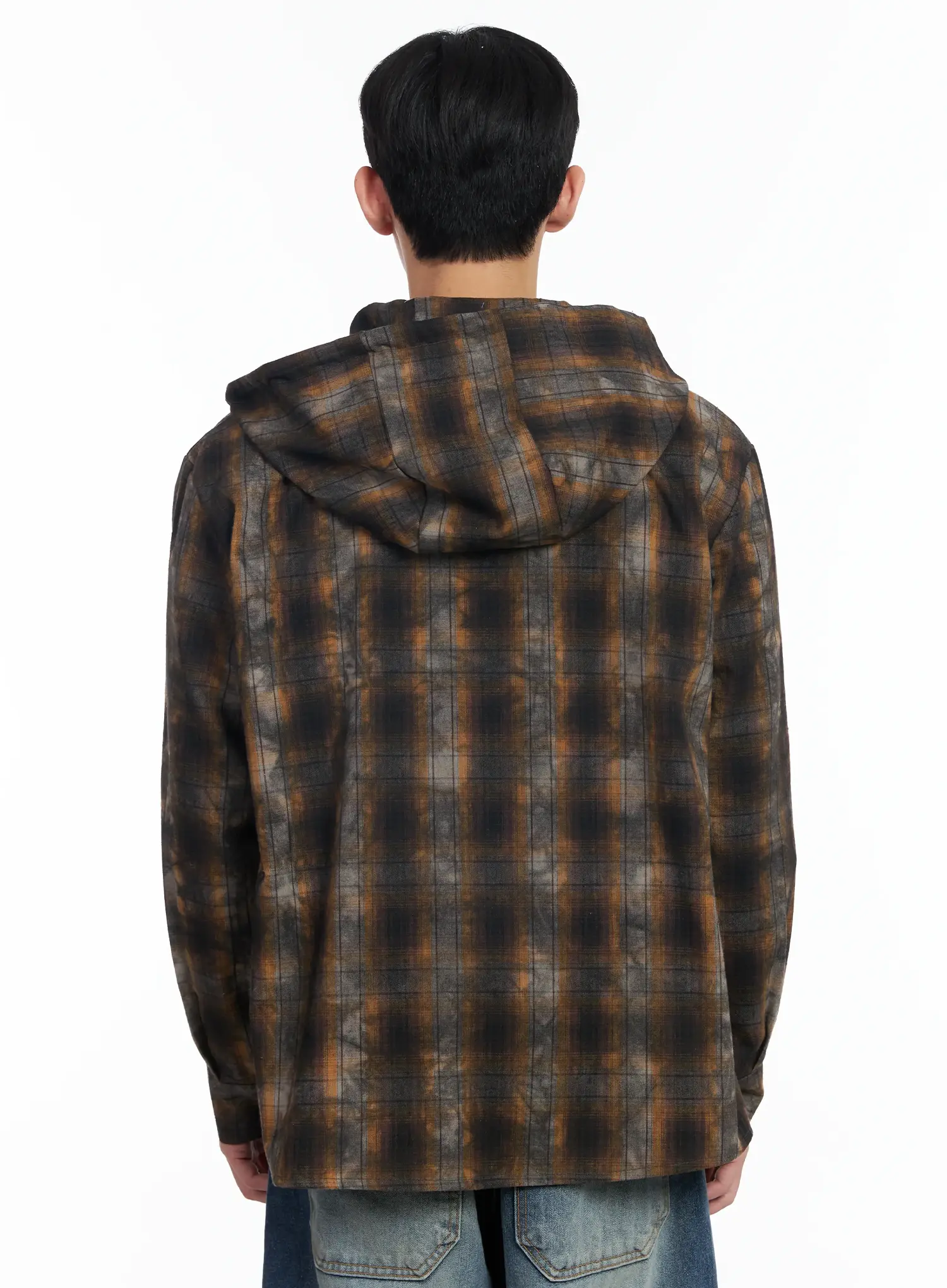 Men's Dark Wash Plaid Hooded Flannel IF516 - Image 5