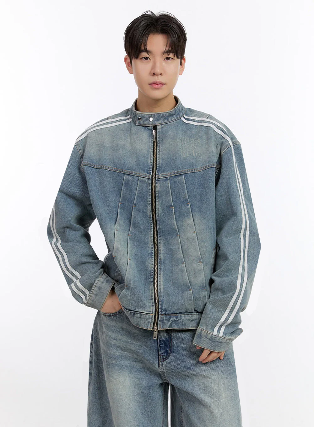 Men's Denim Zip-Up Track Jacket IF528 - Image 4