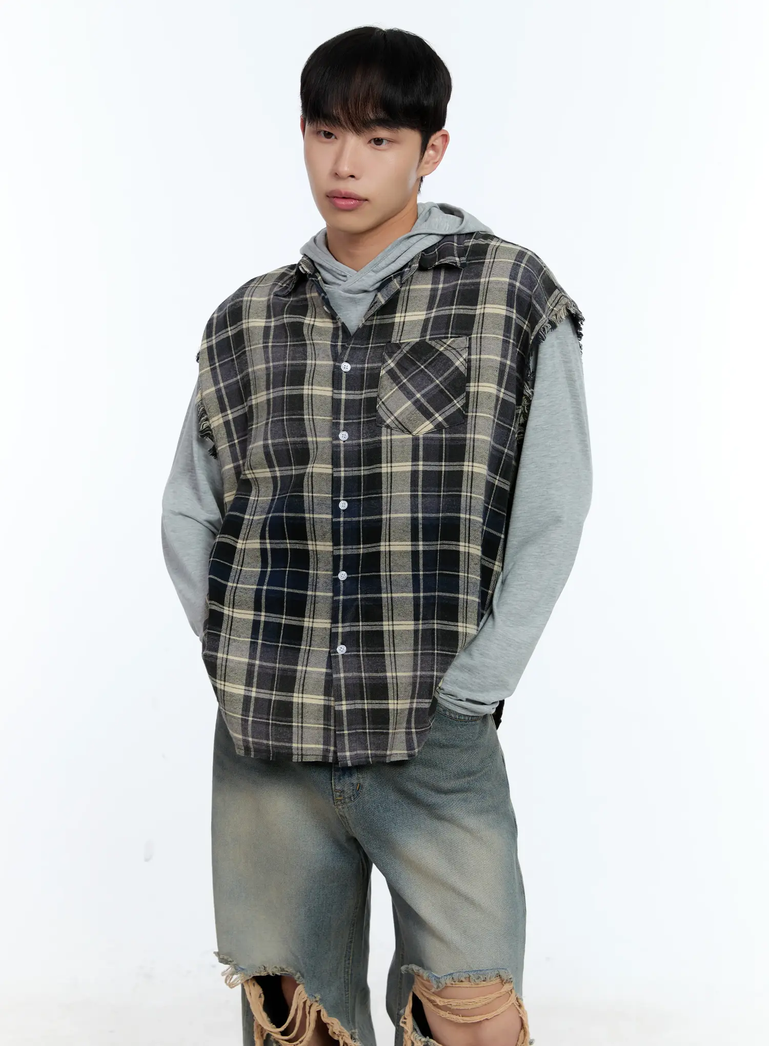 Men's Distressed Plaid Shirt Vest IL517 - Image 9