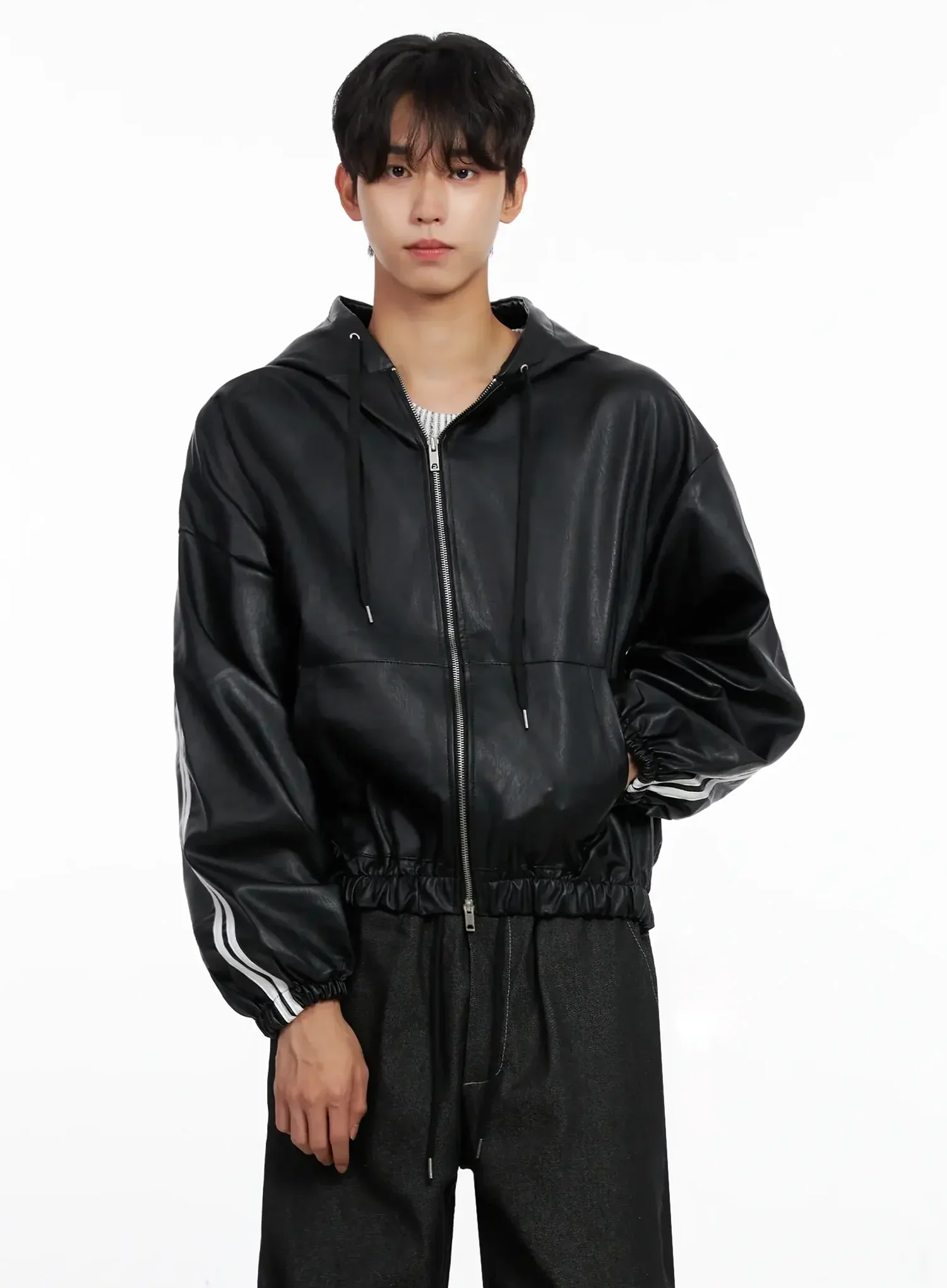 Men's Faux Leather Track Hooded Jacket IO516 - Image 10