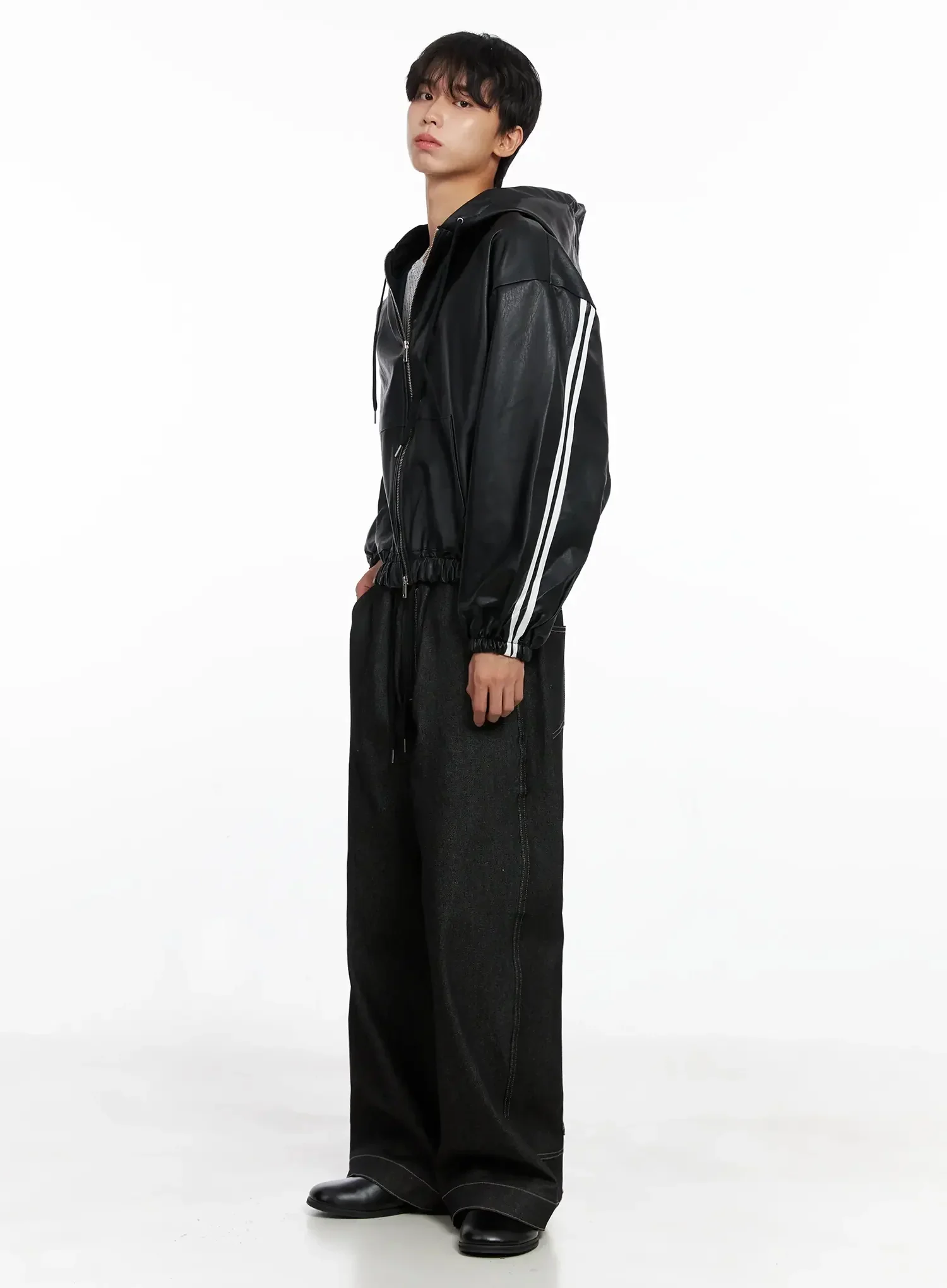 Men's Faux Leather Track Hooded Jacket IO516 - Image 14