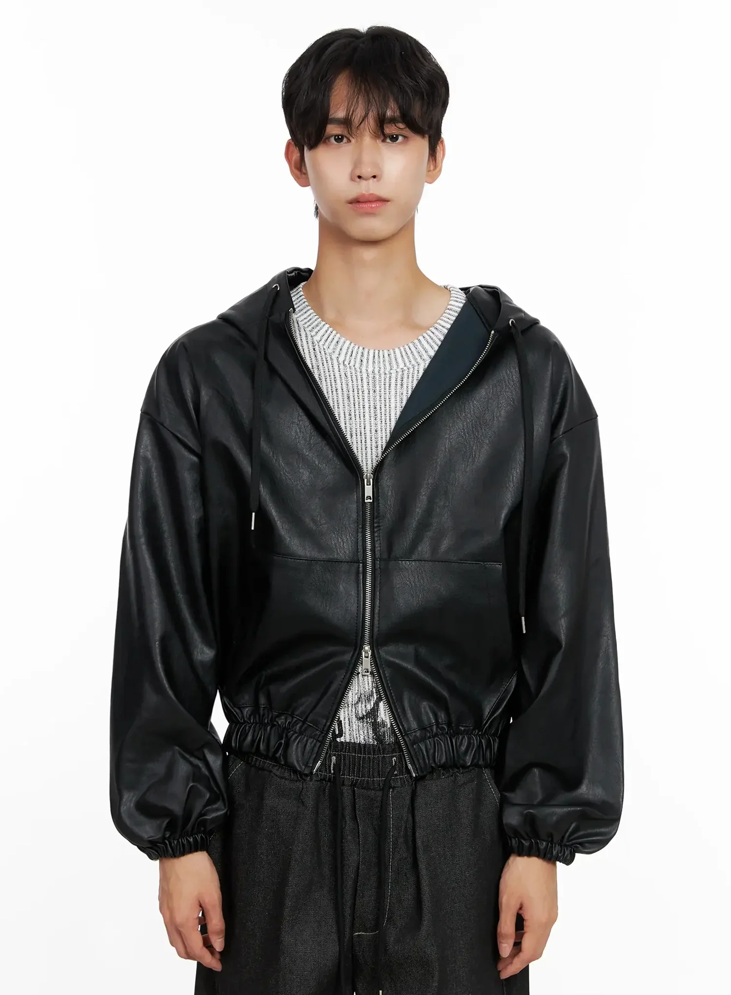Men's Faux Leather Track Hooded Jacket IO516 - Image 16