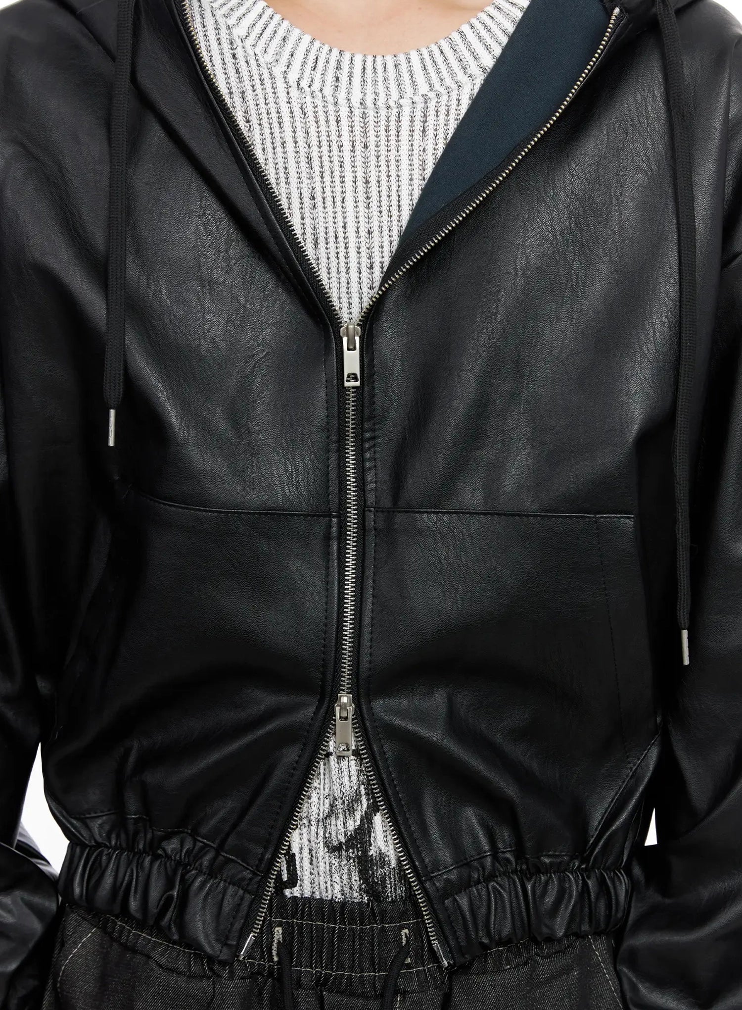 Men's Faux Leather Track Hooded Jacket IO516 - Image 4