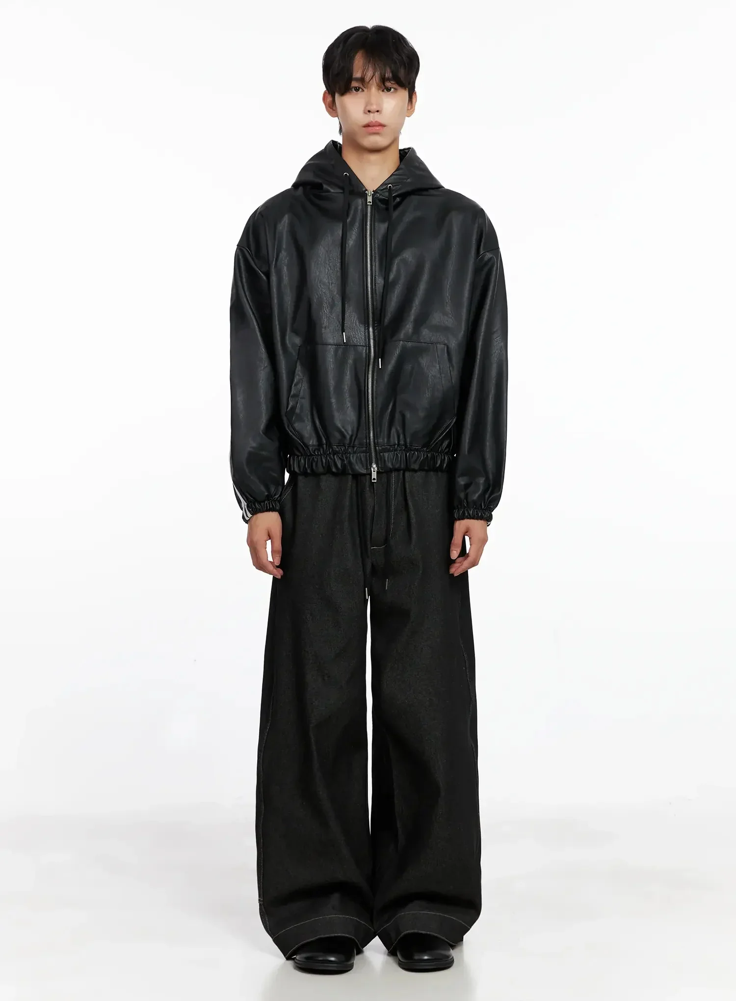 Men's Faux Leather Track Hooded Jacket IO517 - Image 6