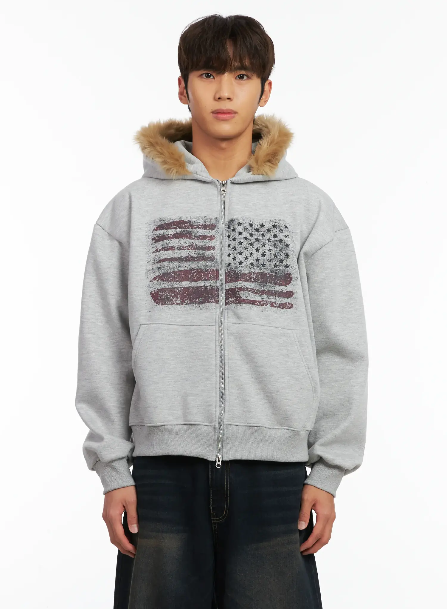 Men's Flag Graphic Fur Zip-Up Hoodie ID511 - Image 10