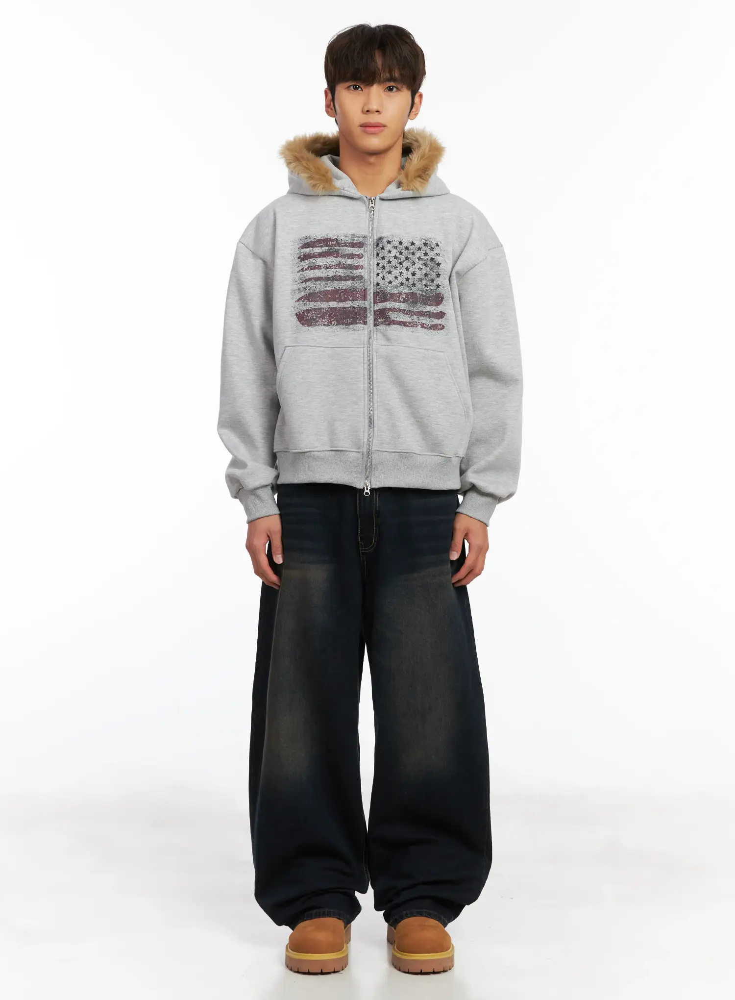 Men's Flag Graphic Fur Zip-Up Hoodie ID511 - Image 3