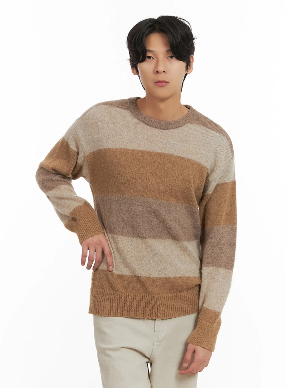 Men's Fuzzy Stripe Knit Sweater IY402 - Image 4