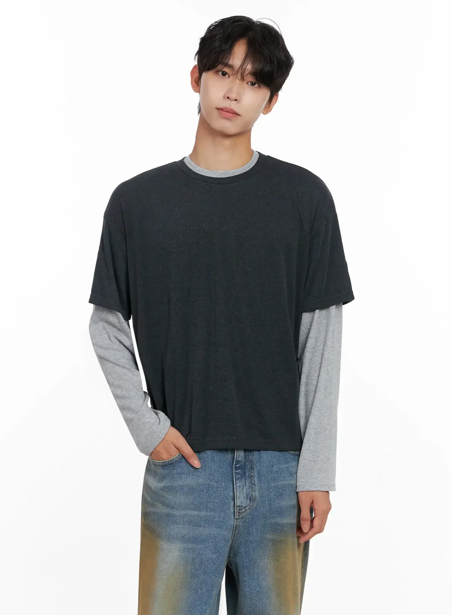 Men's Layered Semi-Crop T-Shirt IO516 - Image 2