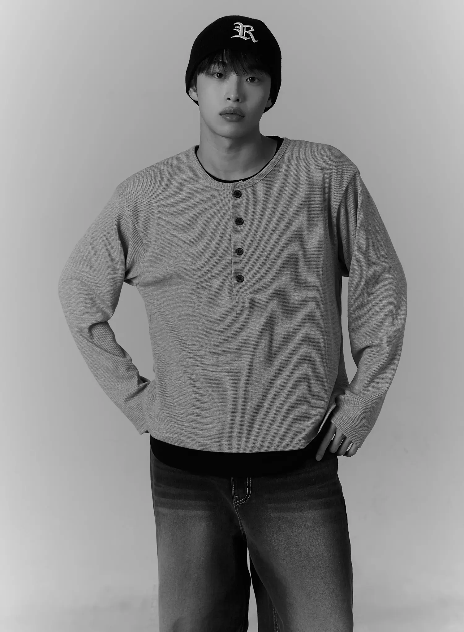 Men's Layered Waffle Henley Long Sleeve Tee IM511