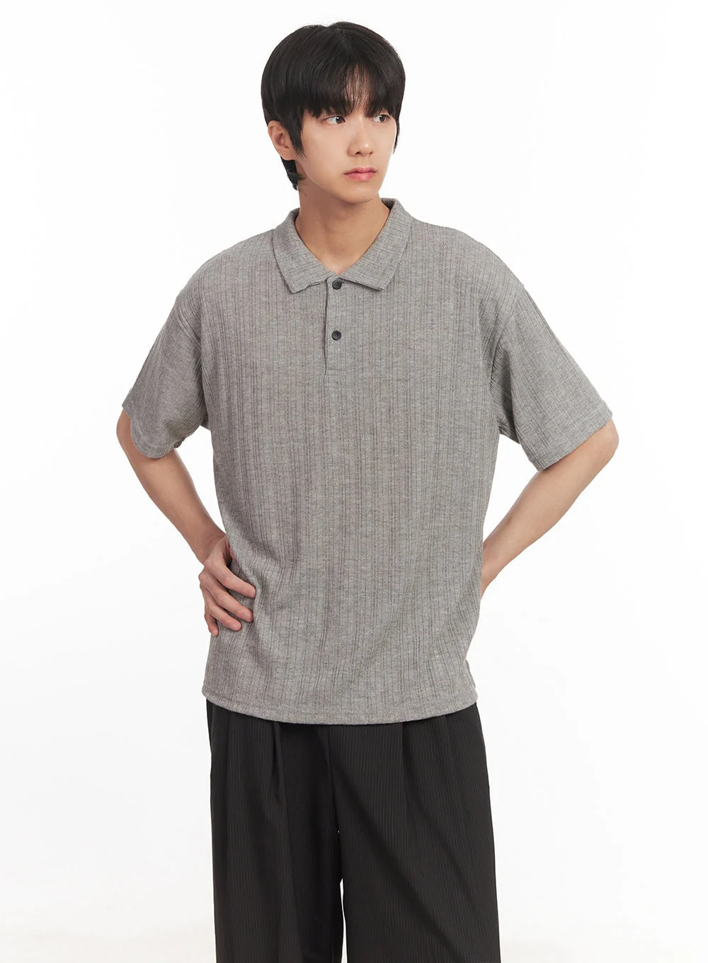 Men's Loose-Fit Collared Ribbed T-Shirt IA510 - Image 3
