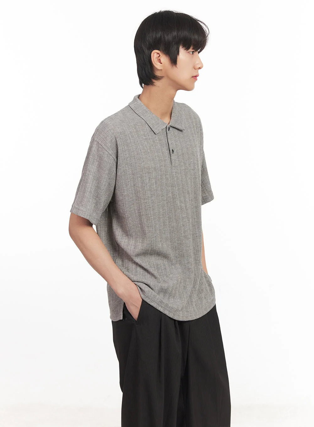 Men's Loose-Fit Collared Ribbed T-Shirt IA510 - Image 4