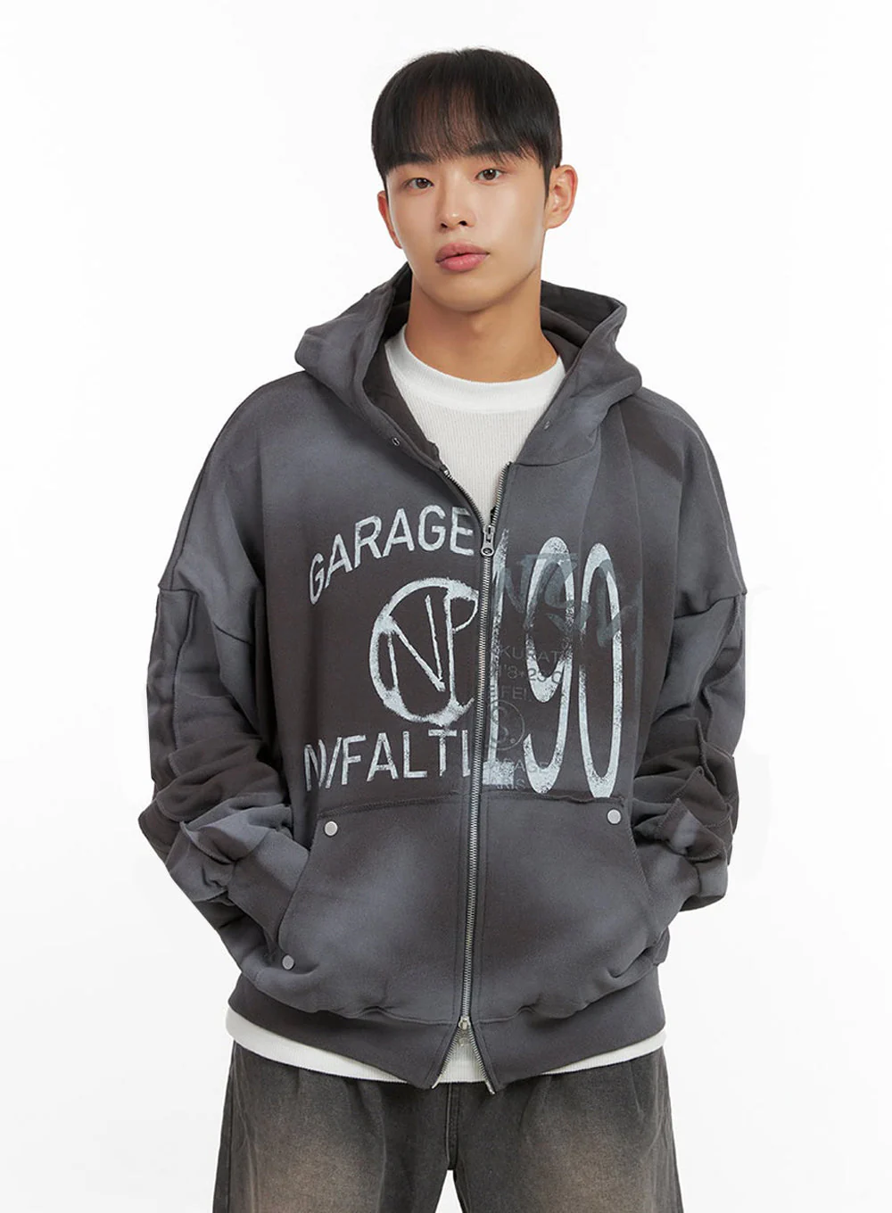 Men's Paint Washed Graphic Zip-Up Hoodie IO420 - Image 5
