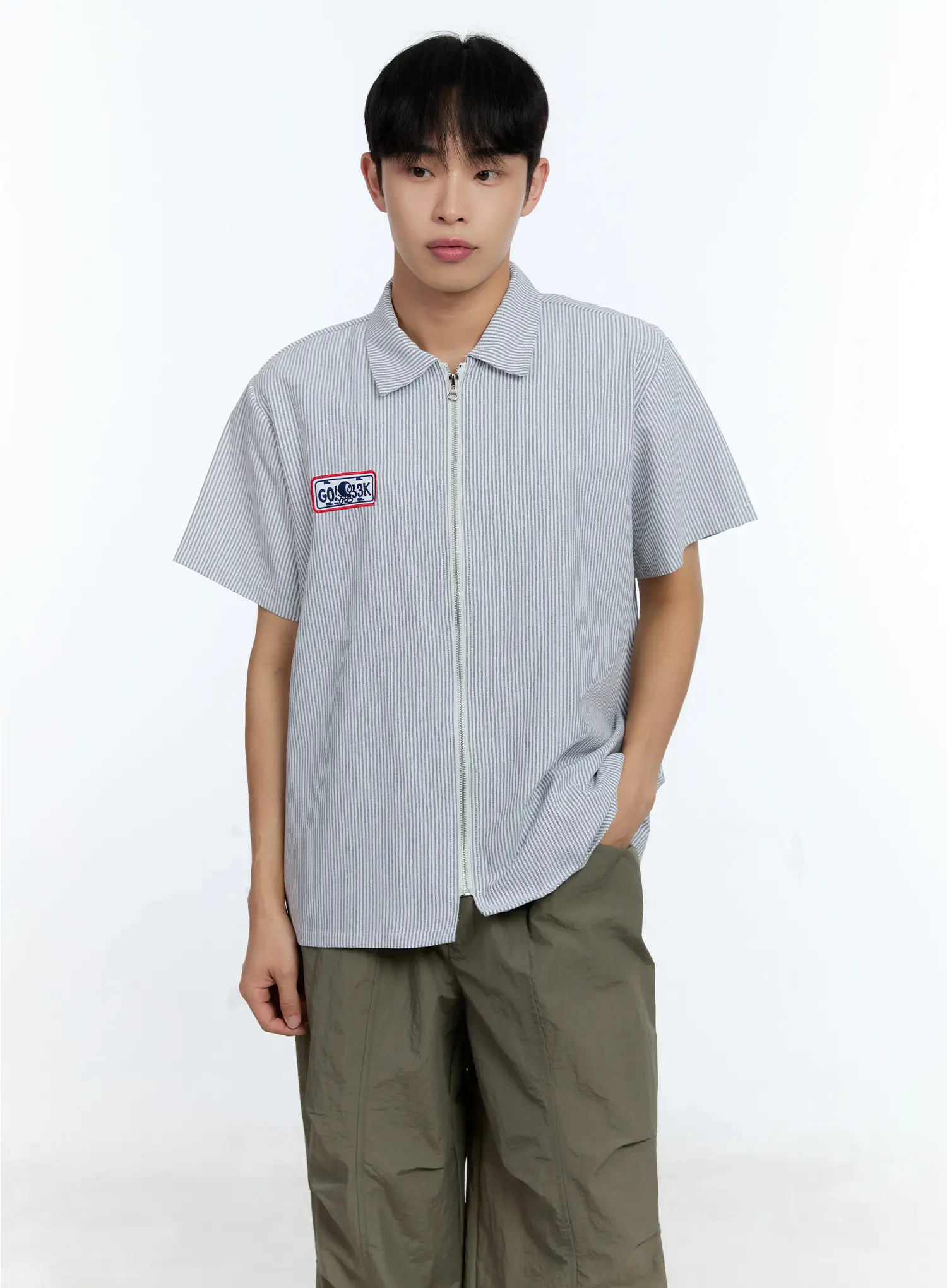 Men's Pinstripe Short Sleeve Zip Shirt IG519 - Image 12