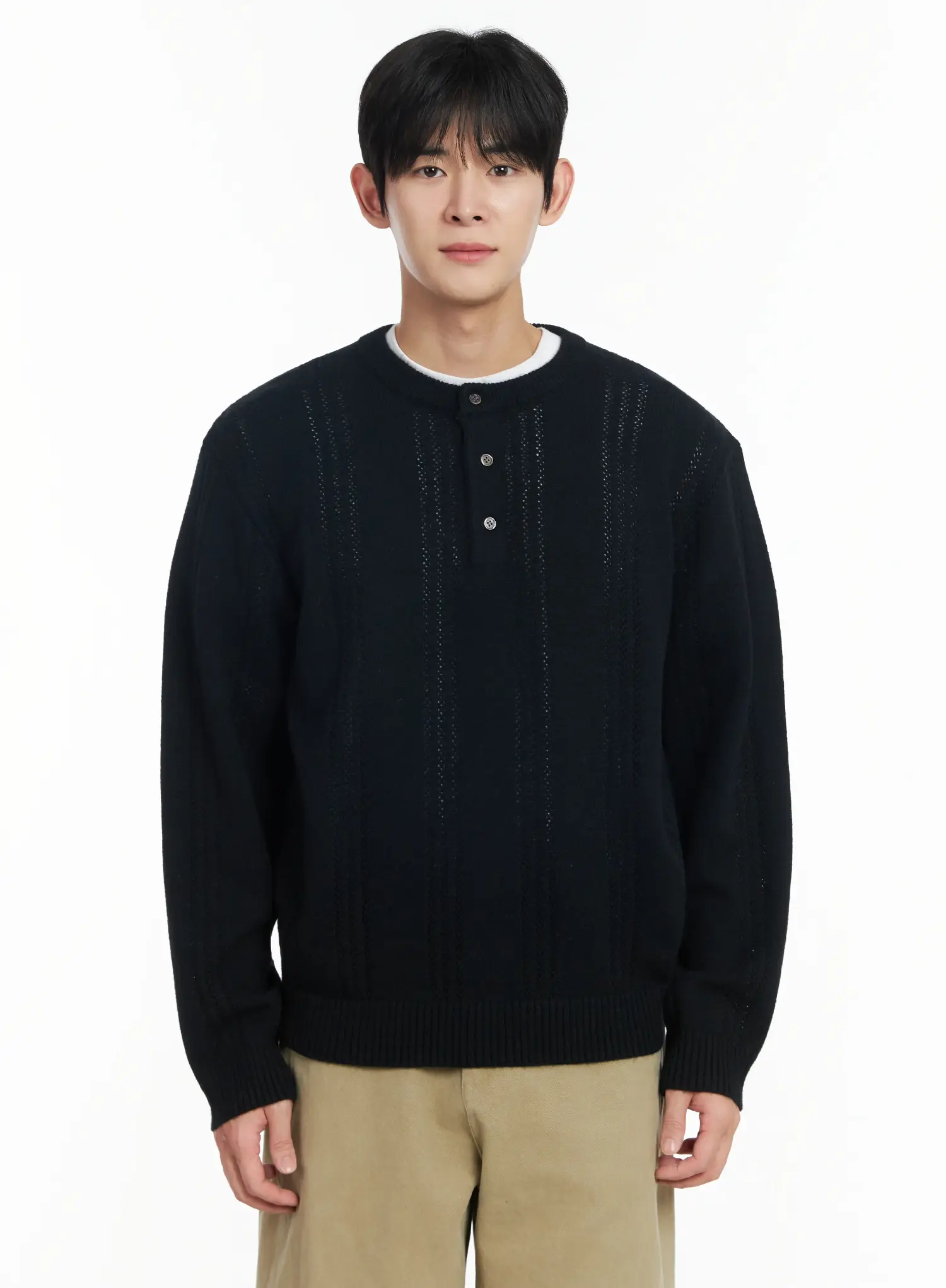Men's Pointelle Henley Knit Sweater IF517 - Image 15