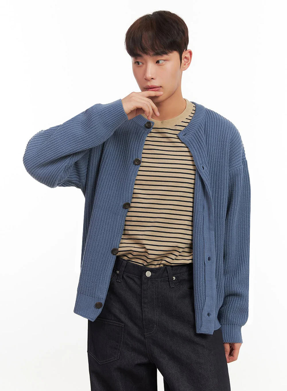 Men's Ribbed Buttoned Round-Neck Cardigan IF517 - Image 4