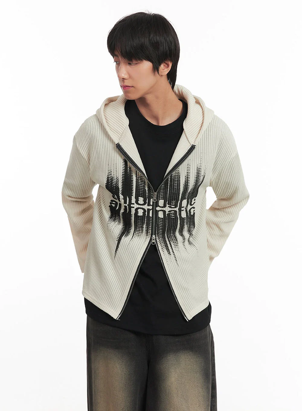 Men's Ribbed Knit Graphic Hooded Jacket IA511 - Image 4