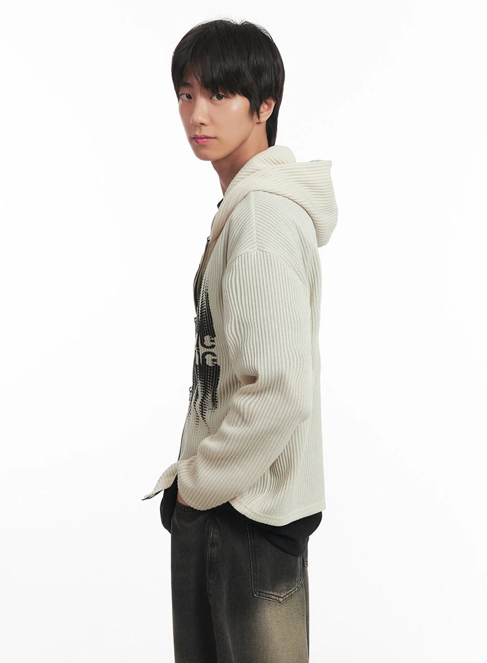 Men's Ribbed Knit Graphic Hooded Jacket IA511 - Image 5