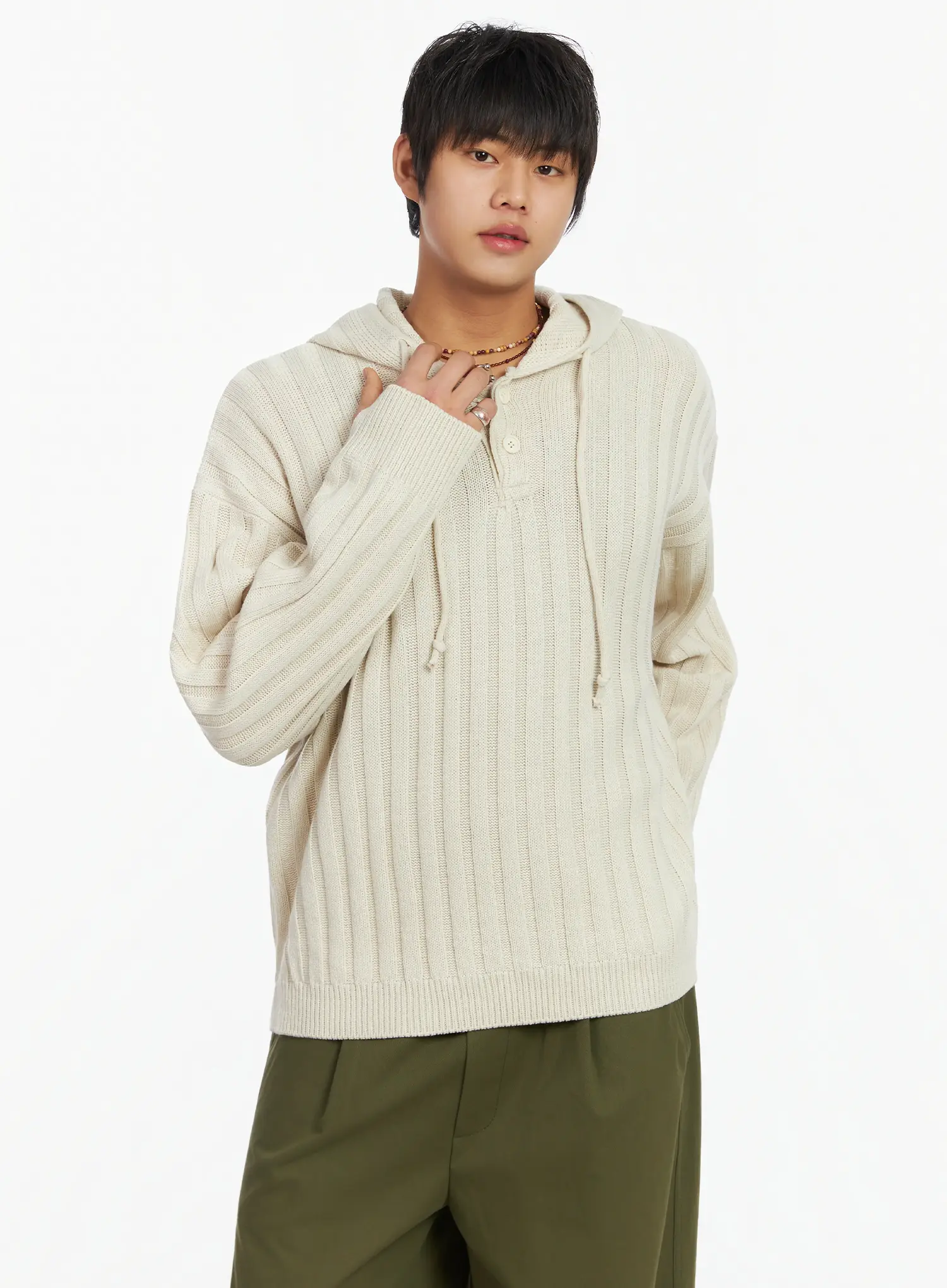 Men's Ribbed Knit Thumbhole Hoodie IJ527