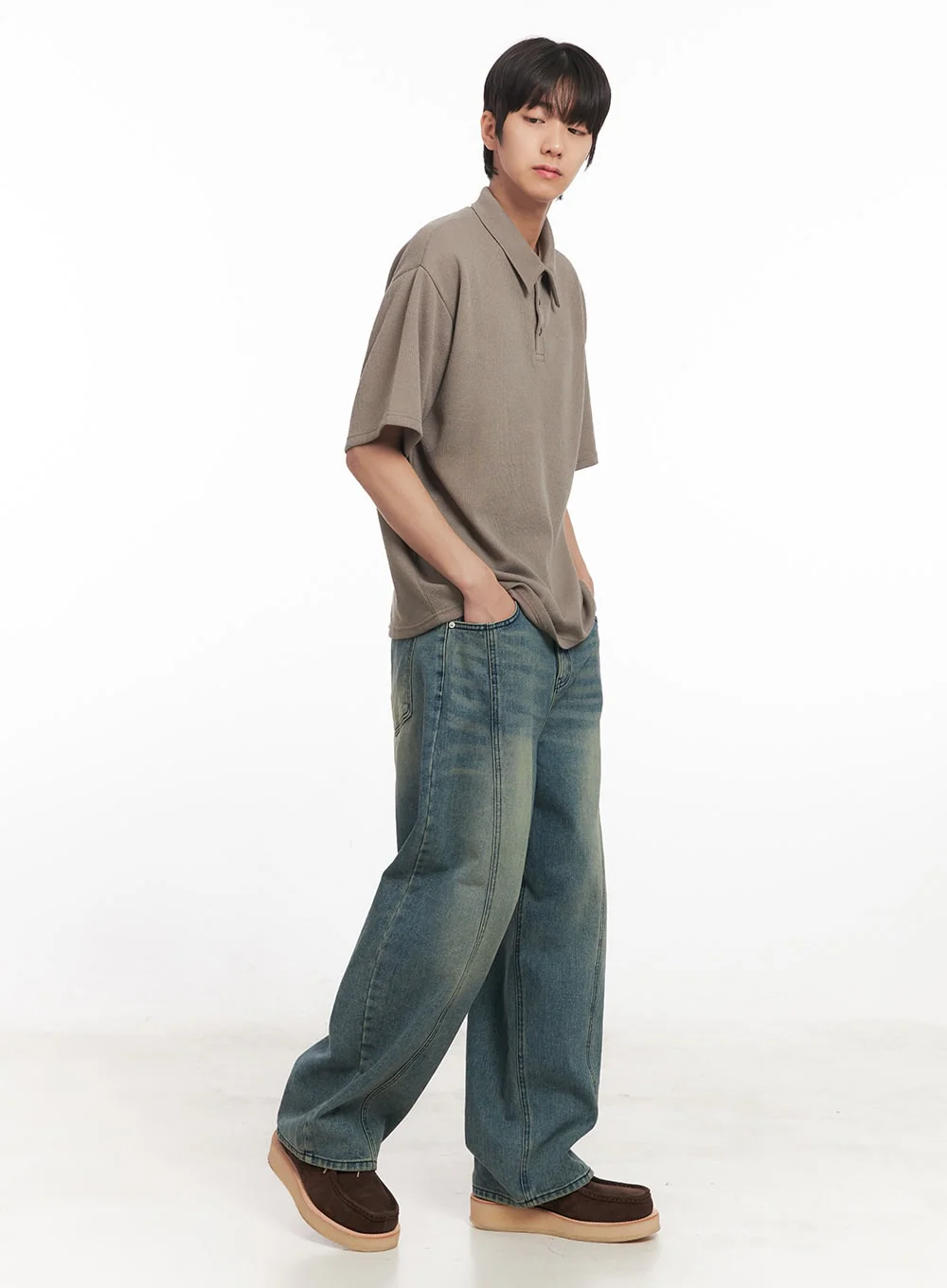Men's Stitched Detail Wide-Fit Jeans IA511 - Image 9