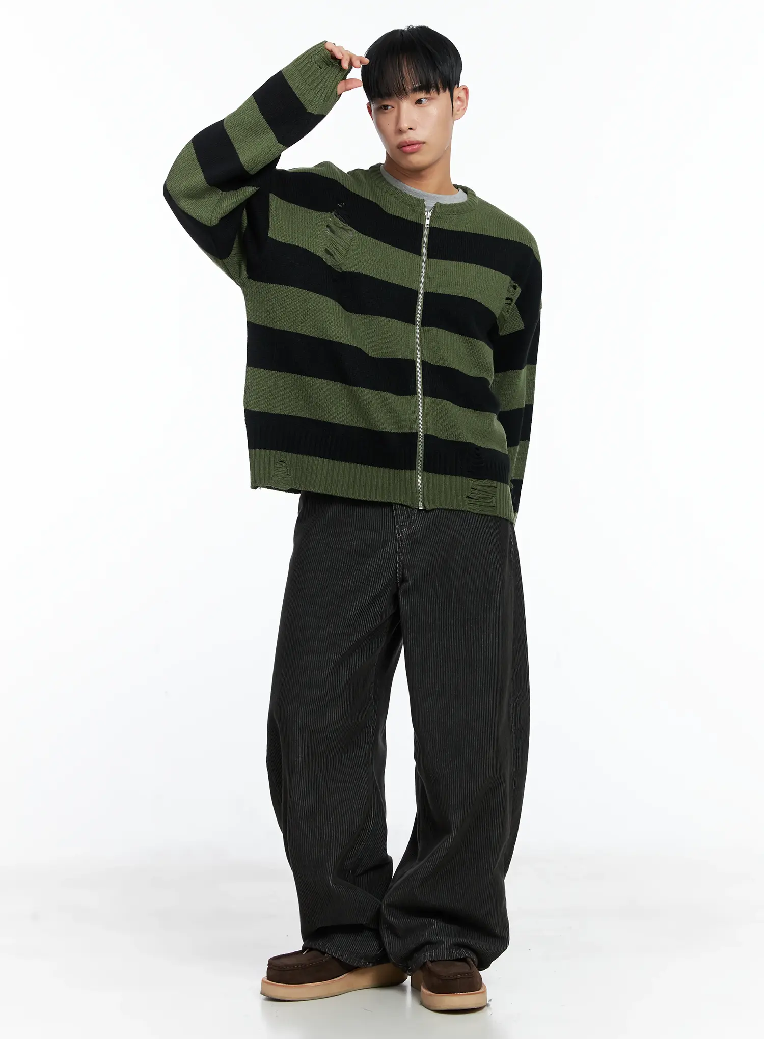 Men's Stripe Distressed Knit Cardigan IN518 - Image 2